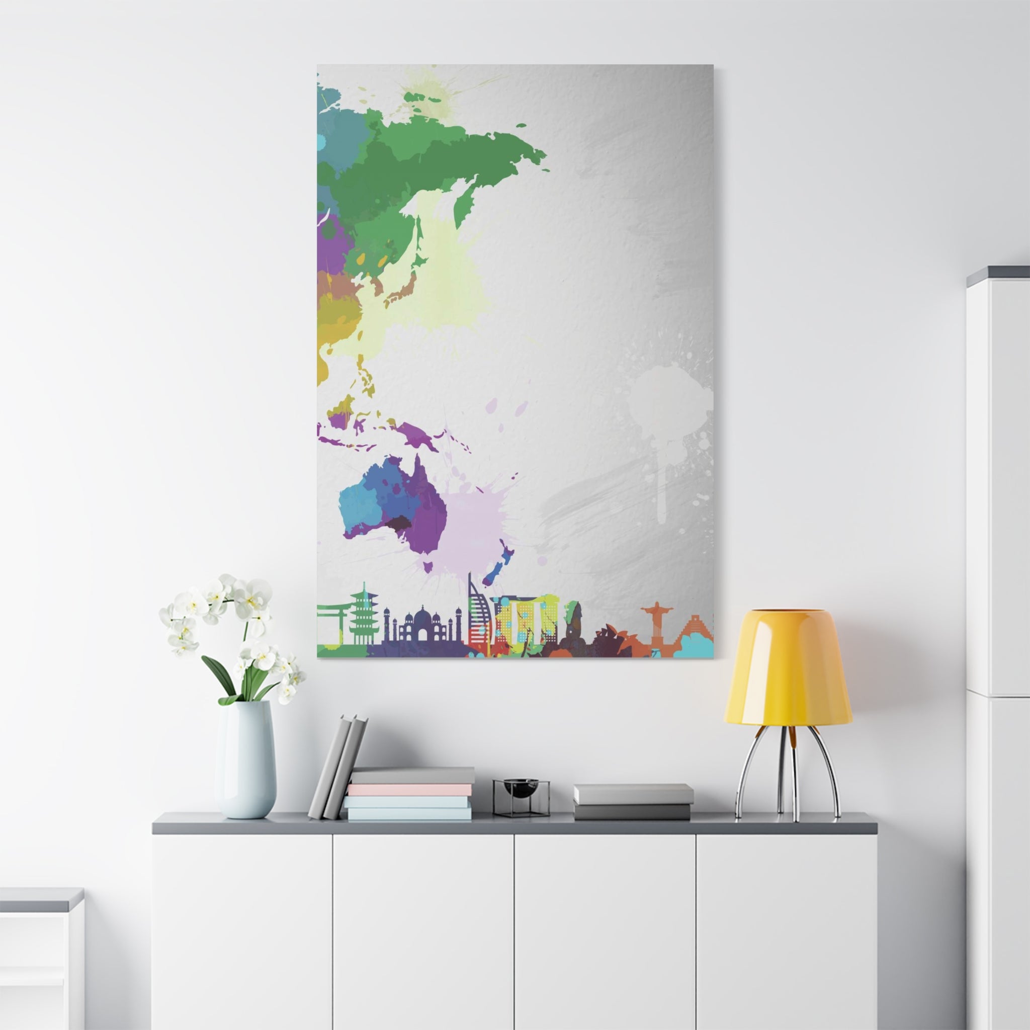 World Map Silhouette Canvas – Colorful Travel Skyline Wall Art