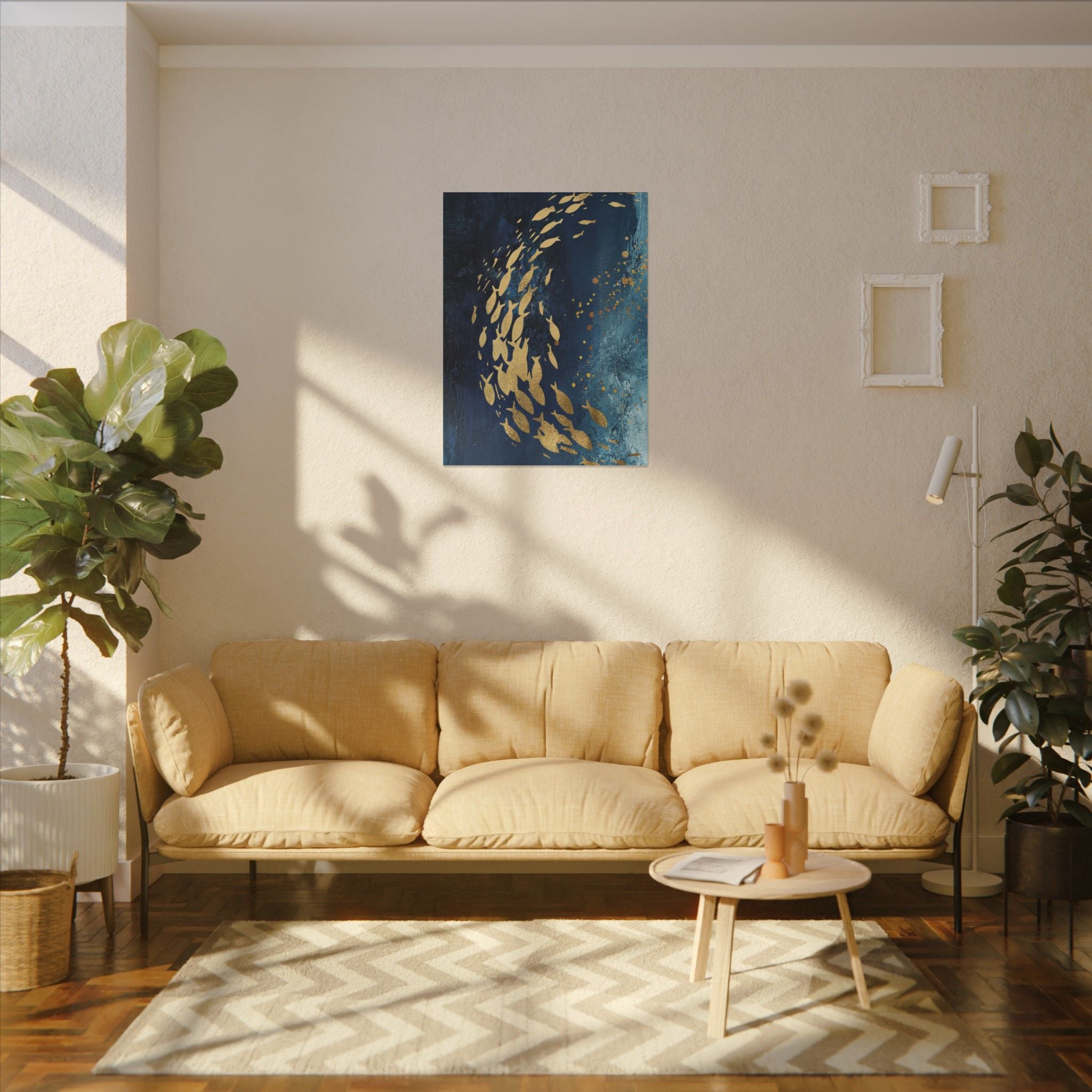 Abstract Gold Fish Canvas — Navy Ocean Wall Art (Matte Stretched)