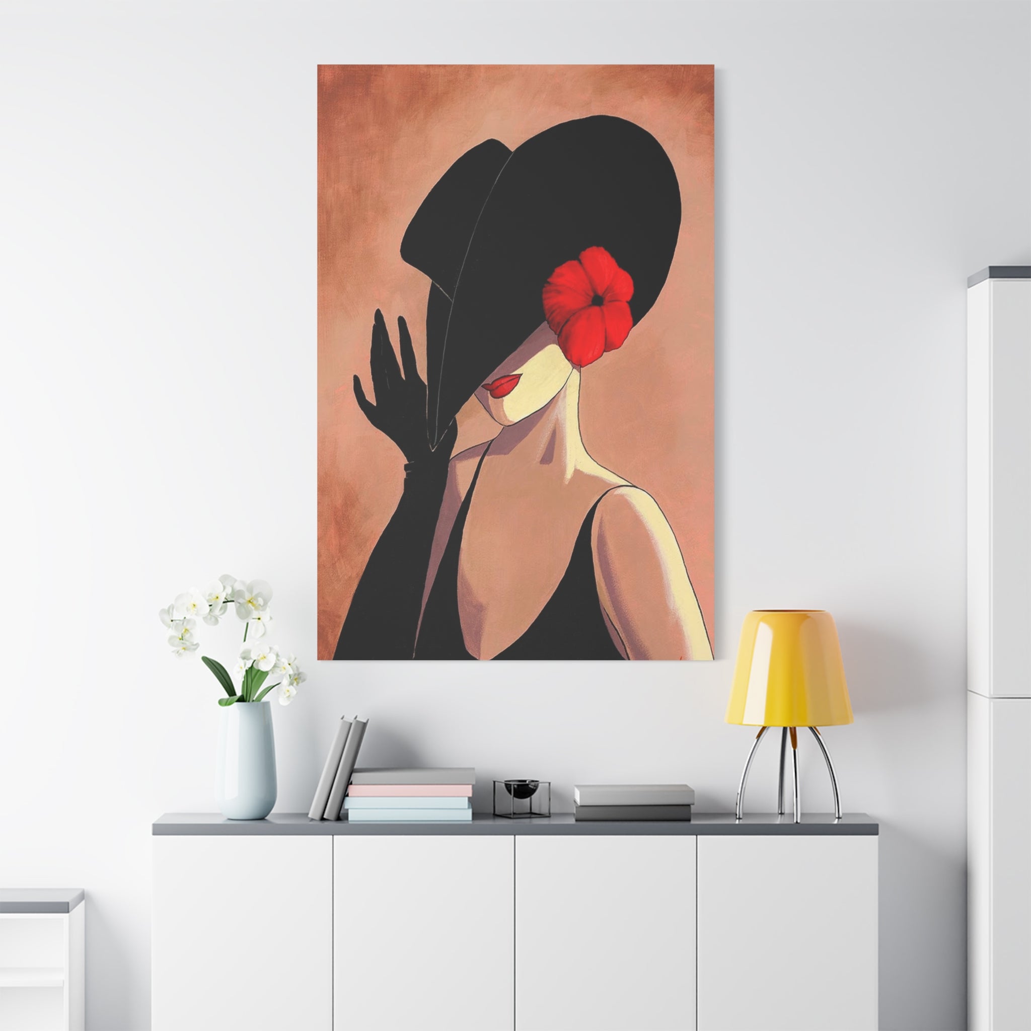 Elegant Lady with Black Hat Canvas Art — Red Flower Portrait 