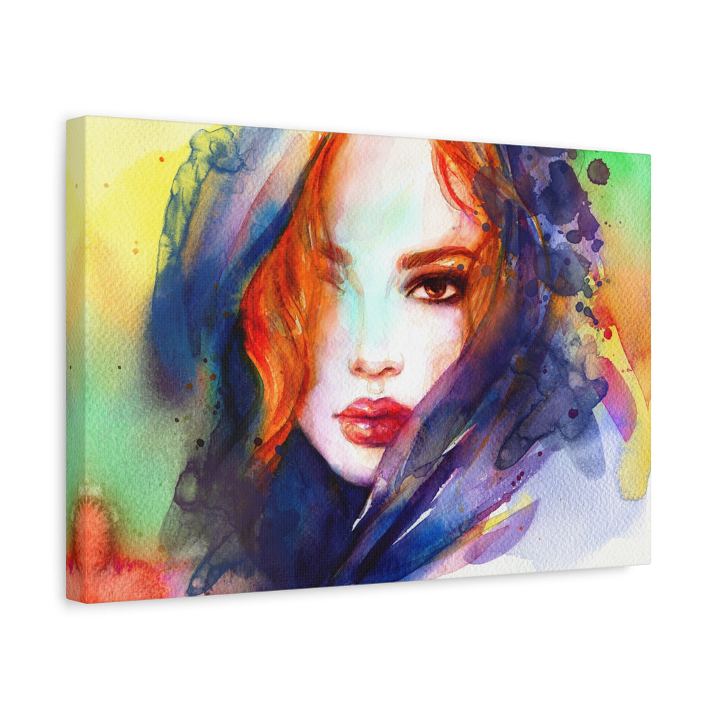 Watercolor Portrait Canvas Print — Vibrant Woman Face Matte Stretched Wall Art
