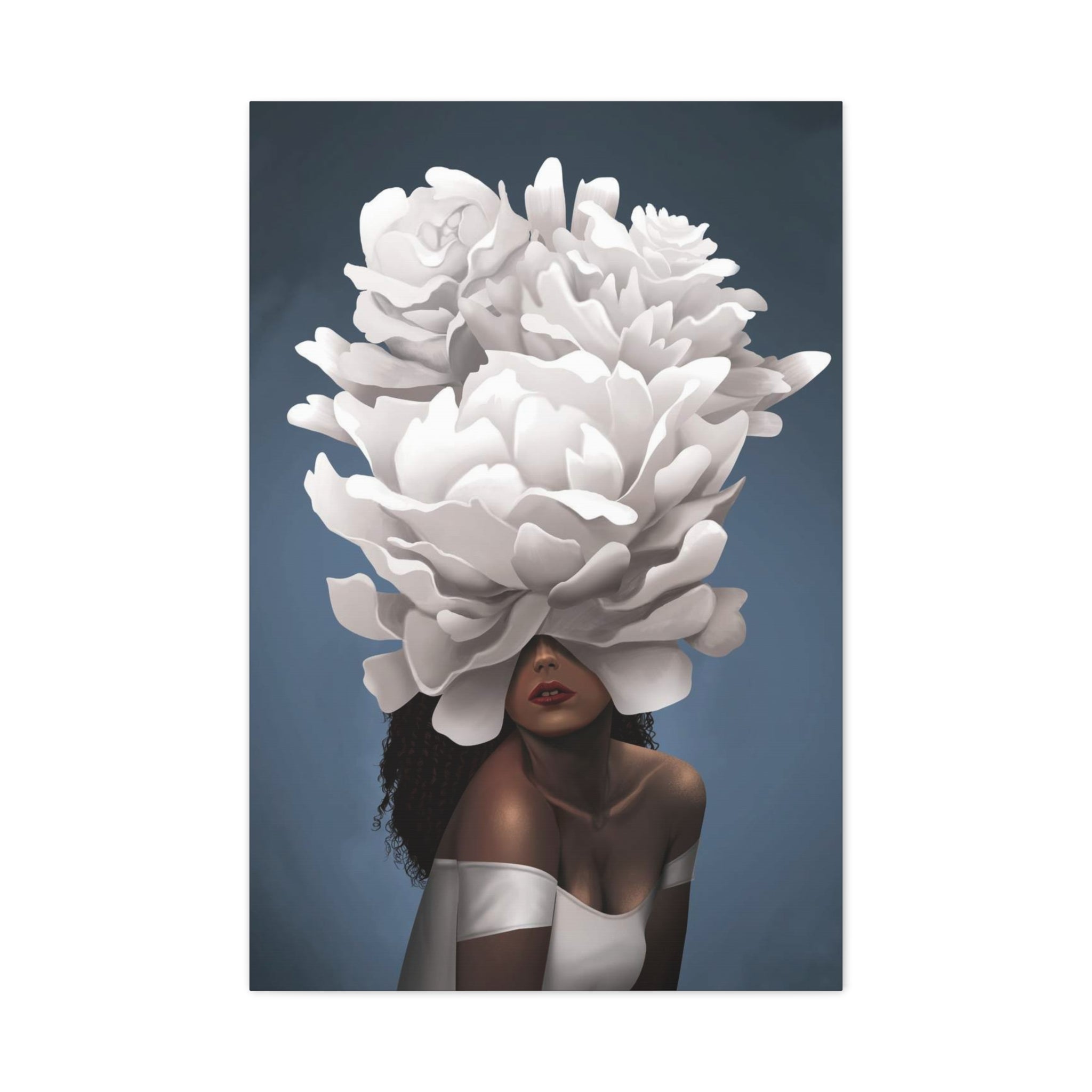 Floral Veil Canvas Wall Art — Elegant Woman with Oversized White Peony 