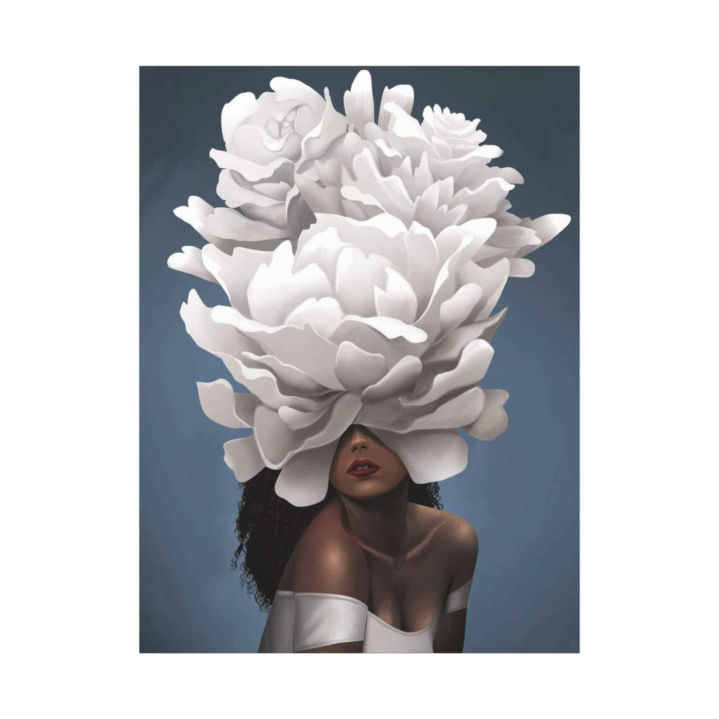 Floral Veil Canvas Wall Art — Elegant Woman with Oversized White Peony - TheKaraHan