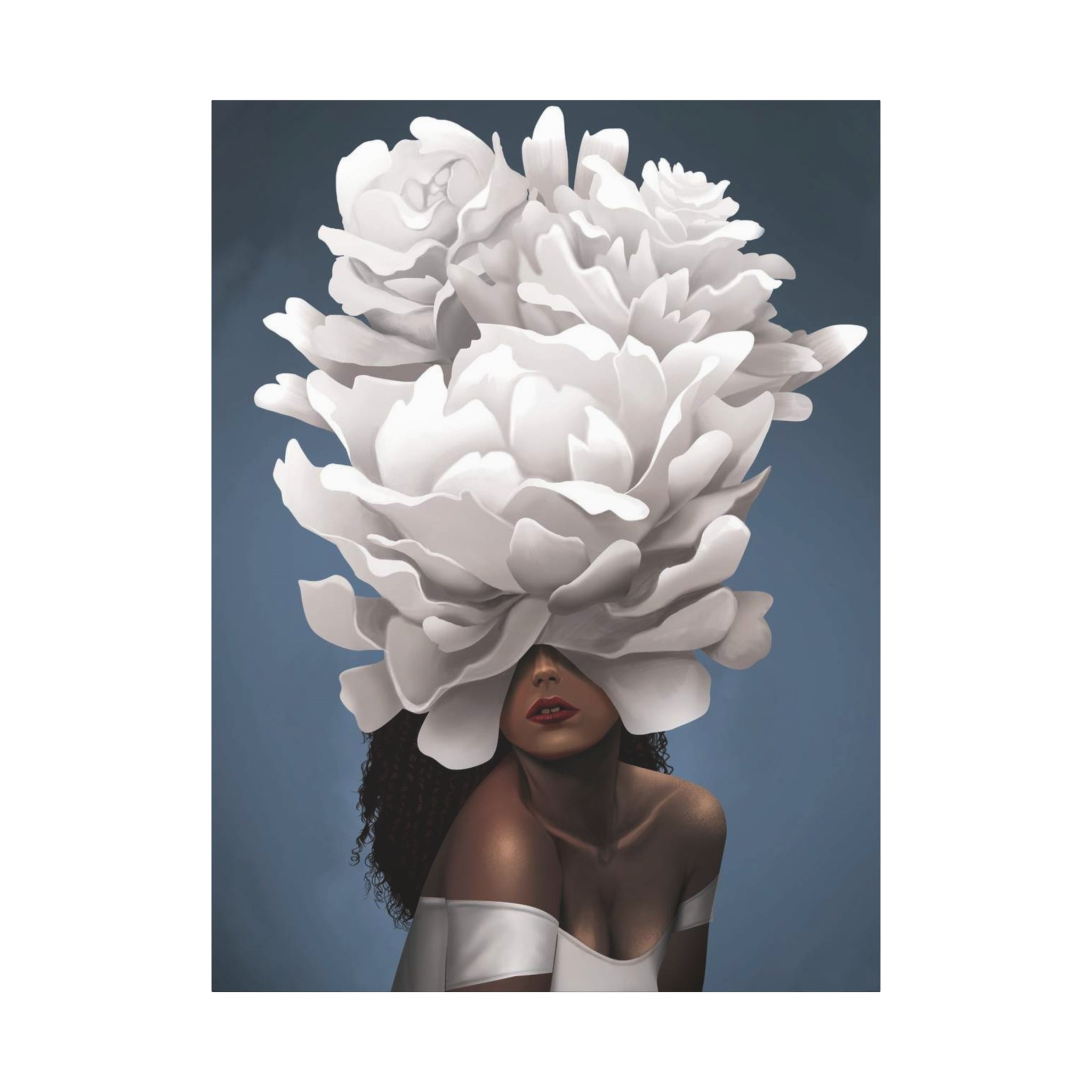 Floral Veil Canvas Wall Art — Elegant Woman with Oversized White Peony 
