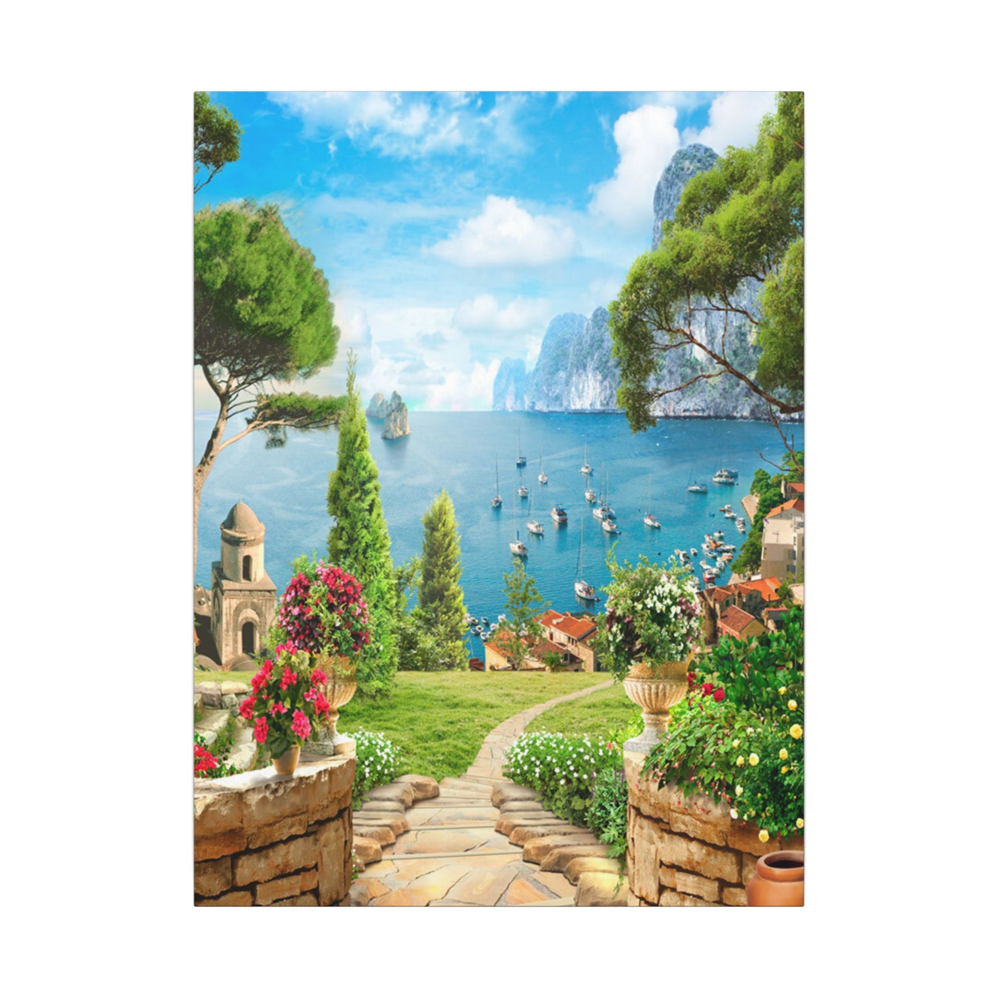 Canvas Wall Art - Mediterranean Seaside Pathway Painting (Matte Stretched Canvas) 