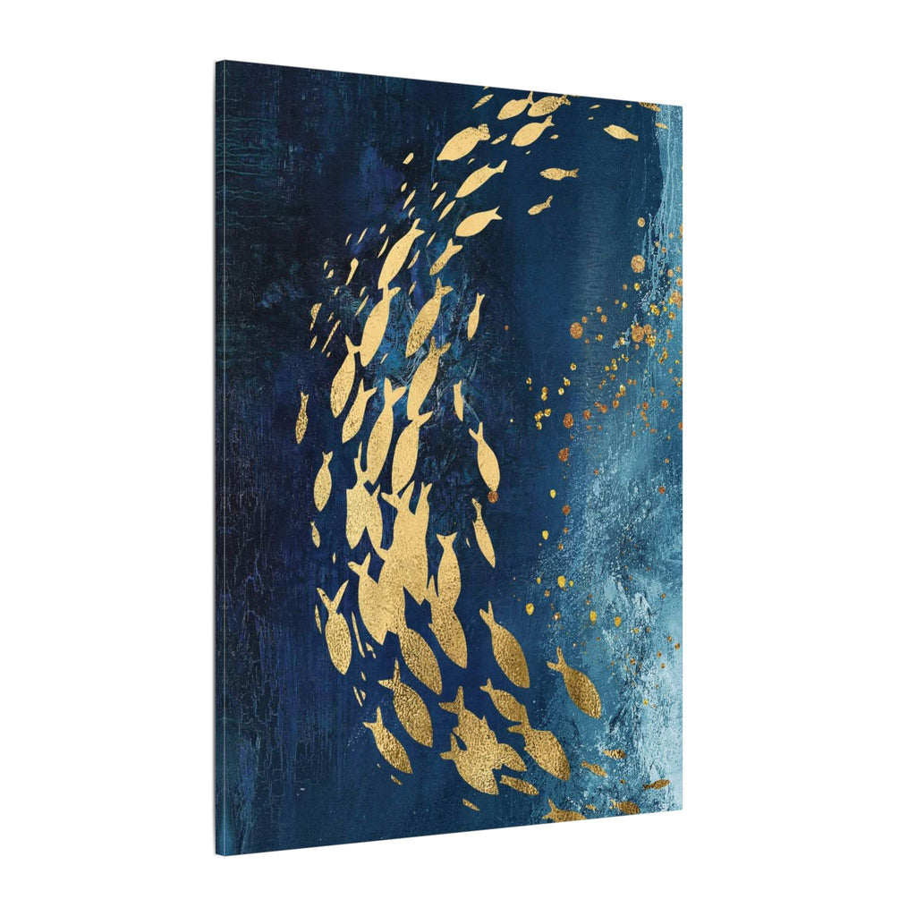 Abstract Gold Fish Canvas — Navy Ocean Wall Art (Matte Stretched)