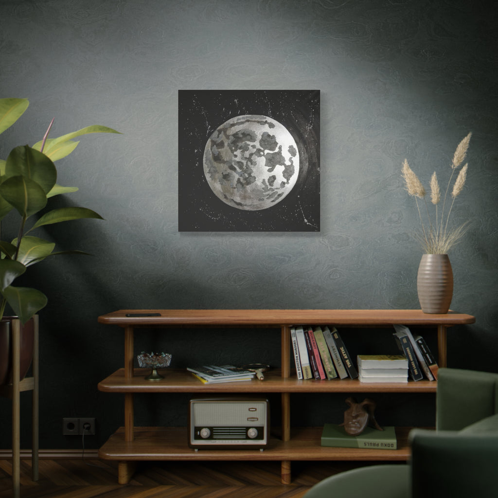 Lunar Moon Canvas Print — Watercolor Moon Art on Black Starry Background 
