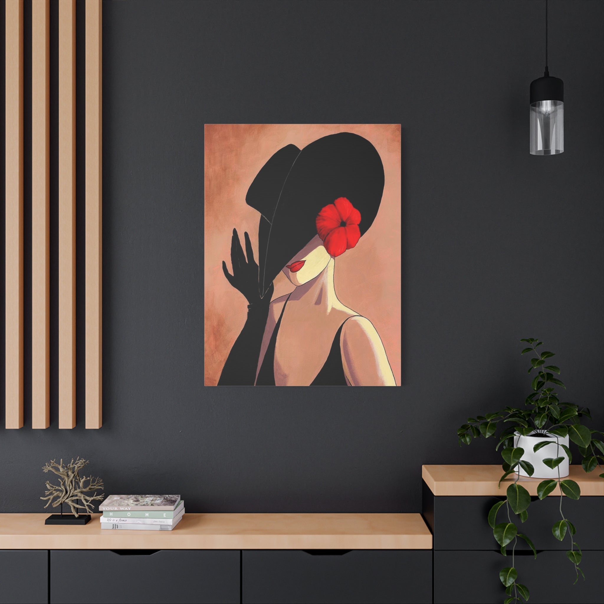 Elegant Lady with Black Hat Canvas Art — Red Flower Portrait 