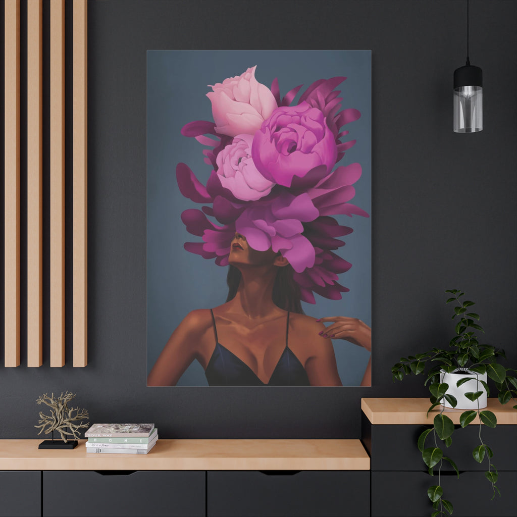Floral Portrait Canvas Print — Woman with Oversized Pink Peony Hat (Matte Stretched) 