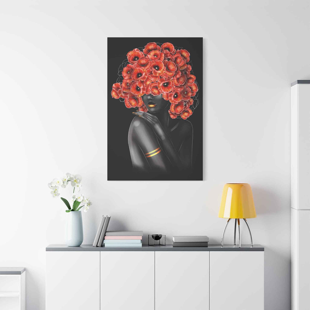 Red Floral Woman Wall Art, Abstract Black Woman Portrait
