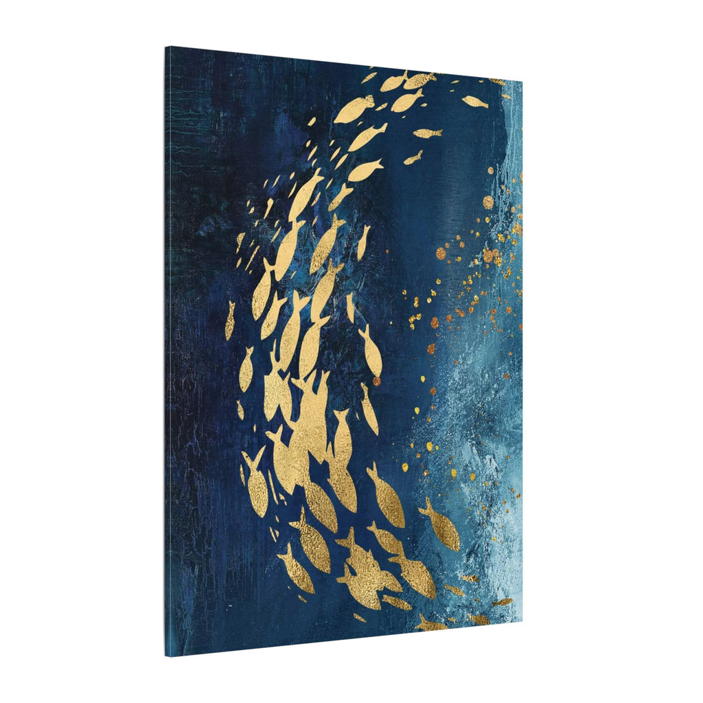 Abstract Gold Fish Canvas — Navy Ocean Wall Art (Matte Stretched)
