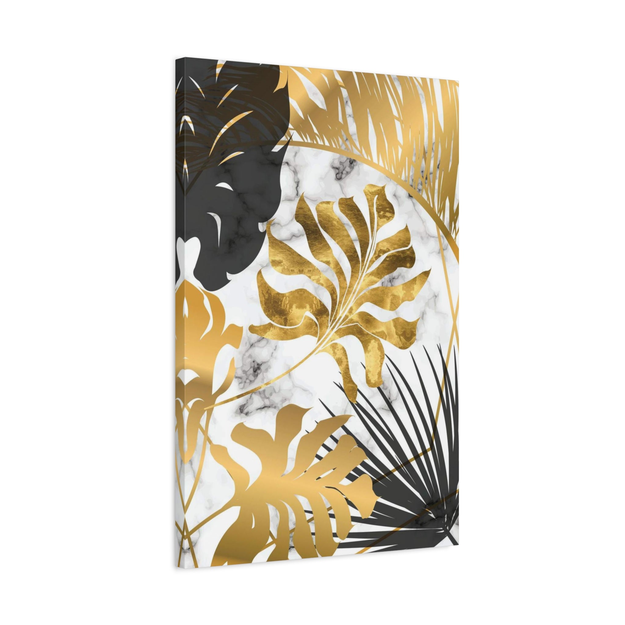 Gold & Black Tropical Leaves Canvas Wall Art — Modern Marble Botanical Print 