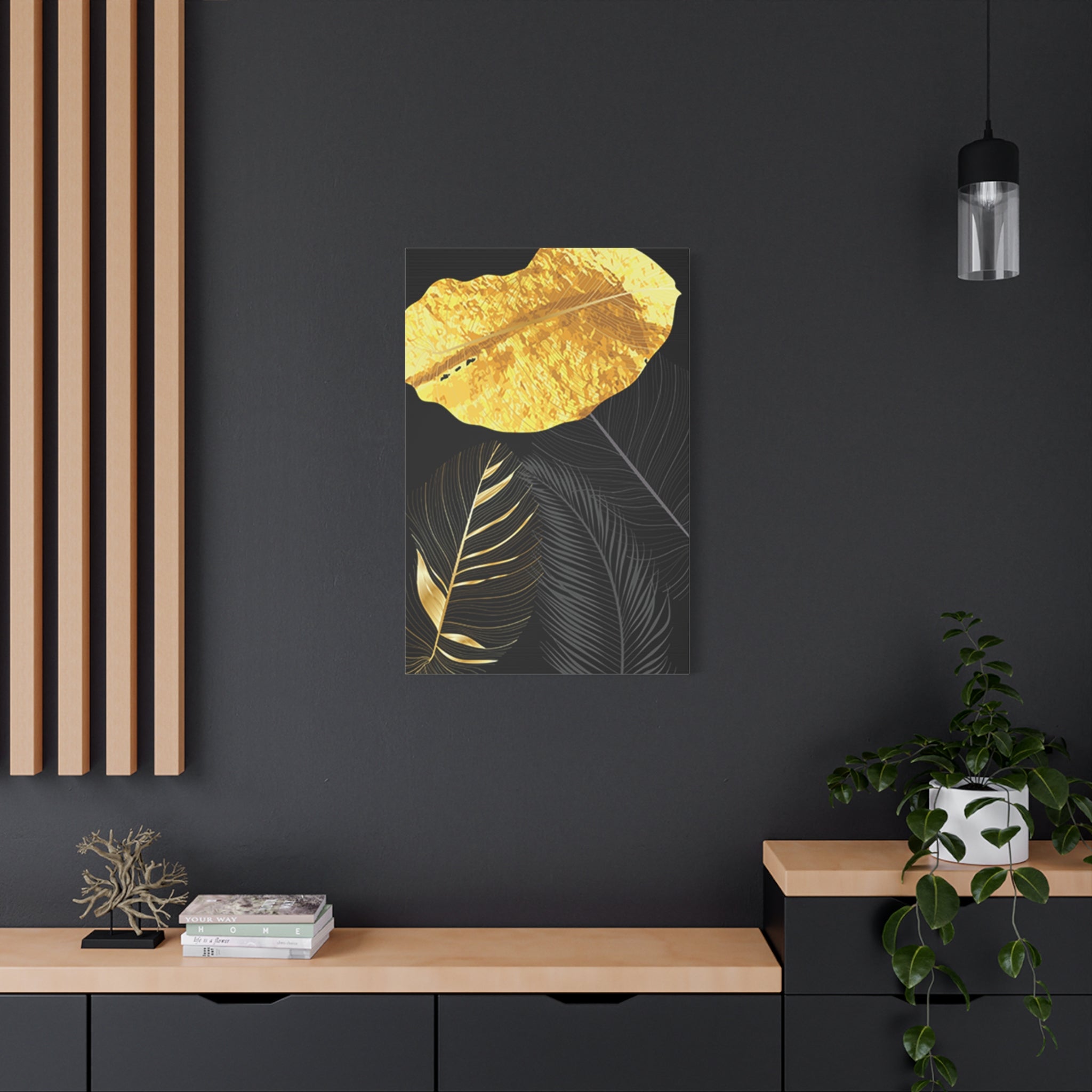 Gold Leaf Feathers Matte Canvas Wall Art 