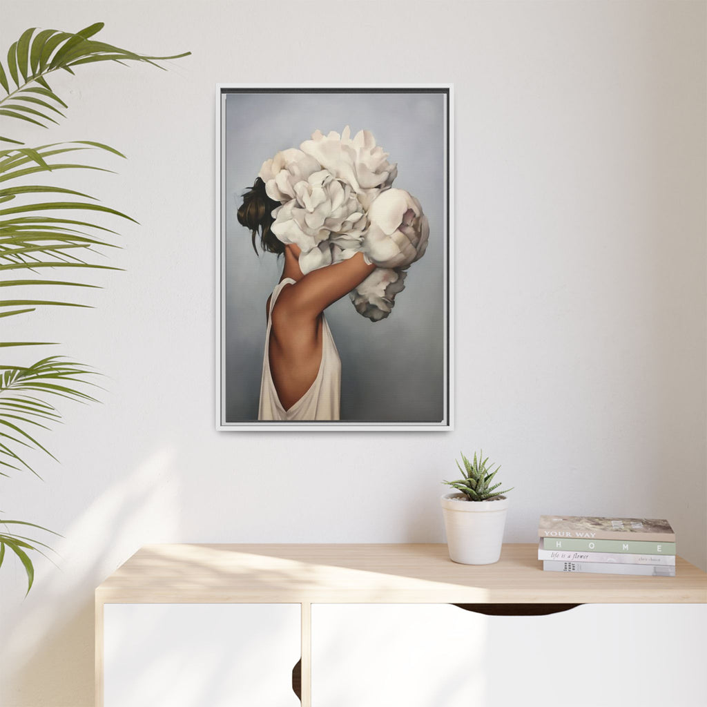 Framed Matte Canvas Art — Woman with Oversized White Peonies (Neutral Floral Wall Decor)