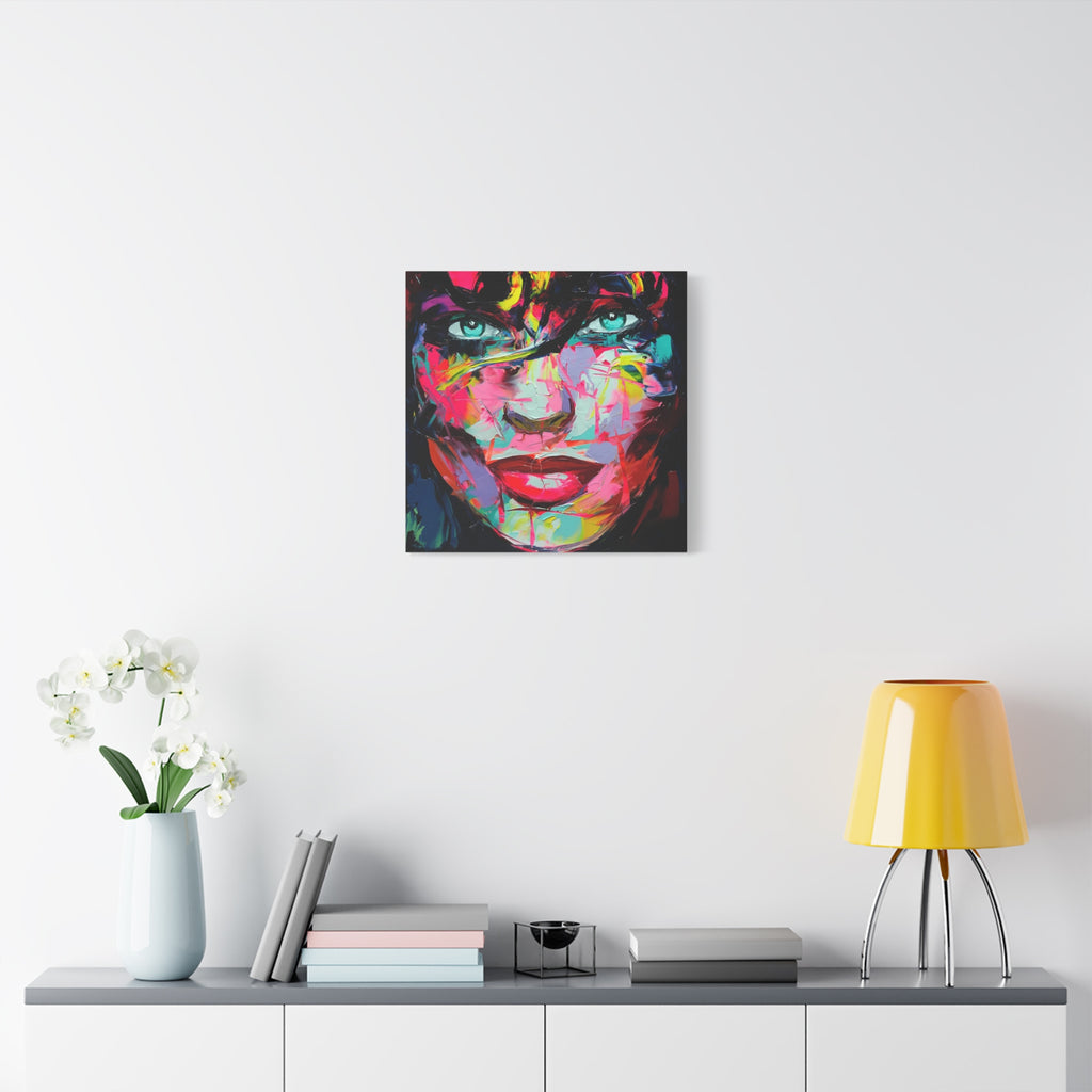 Colorful Abstract Portrait Canvas Print — Neon Female Face Matte Stretched Wall Art