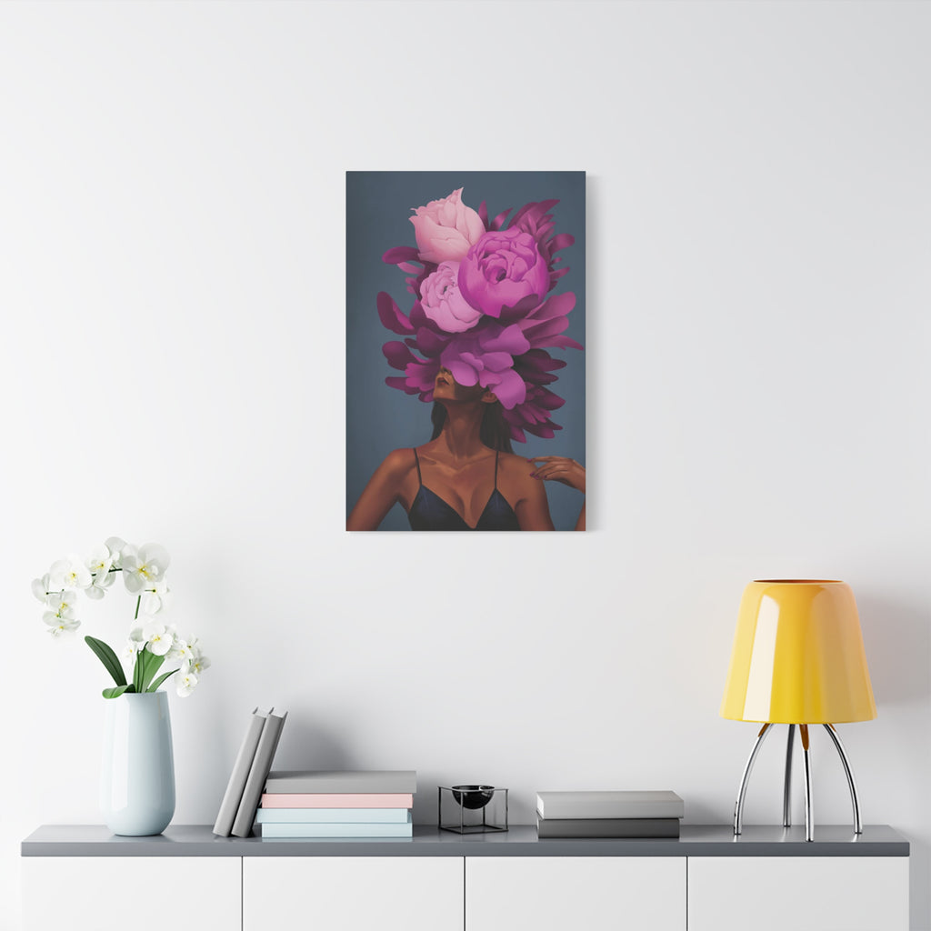 Floral Portrait Canvas Print — Woman with Oversized Pink Peony Hat (Matte Stretched) 