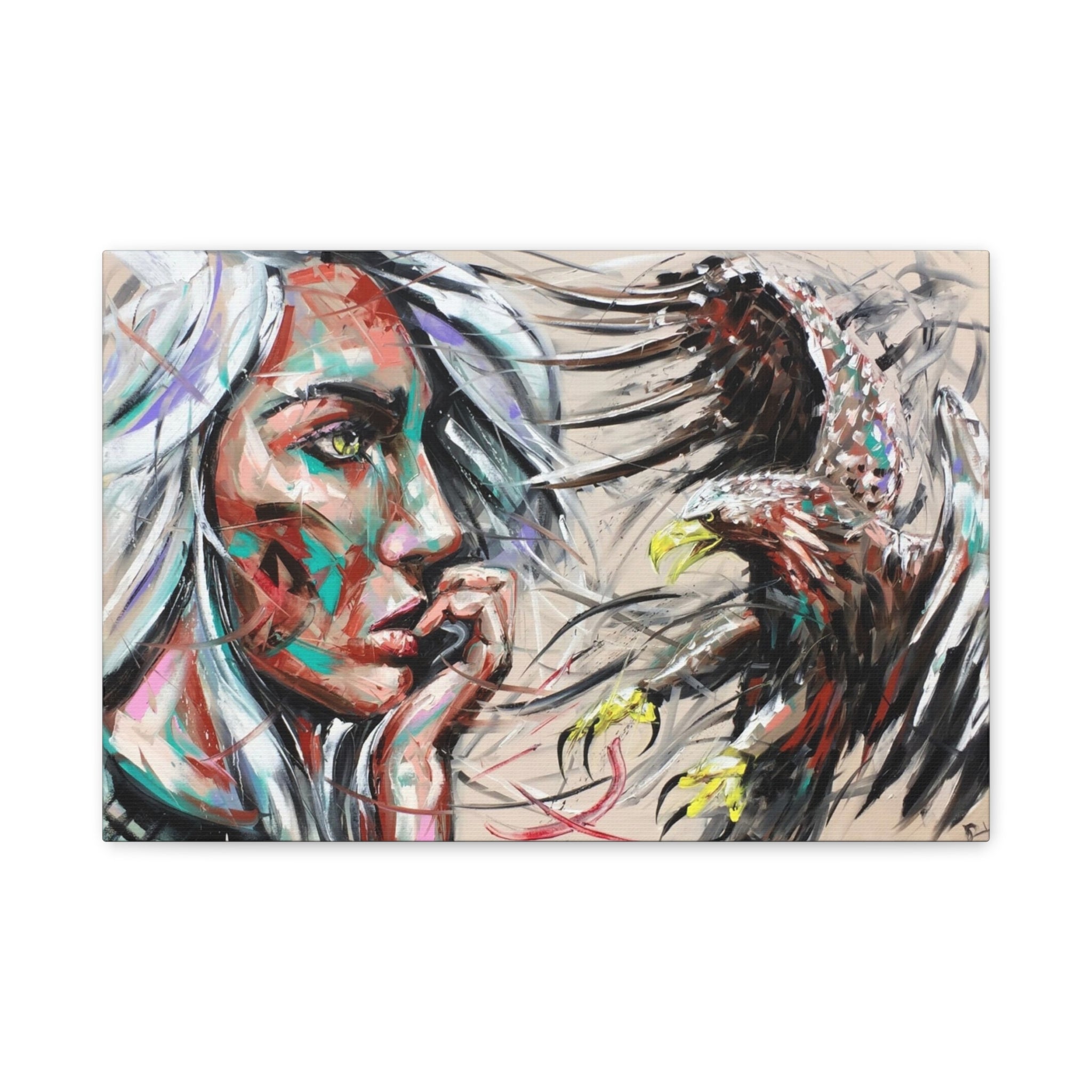 Abstract Woman & Eagle Matte Stretched Canvas Art — Contemporary Tribal Portrait Wall Decor