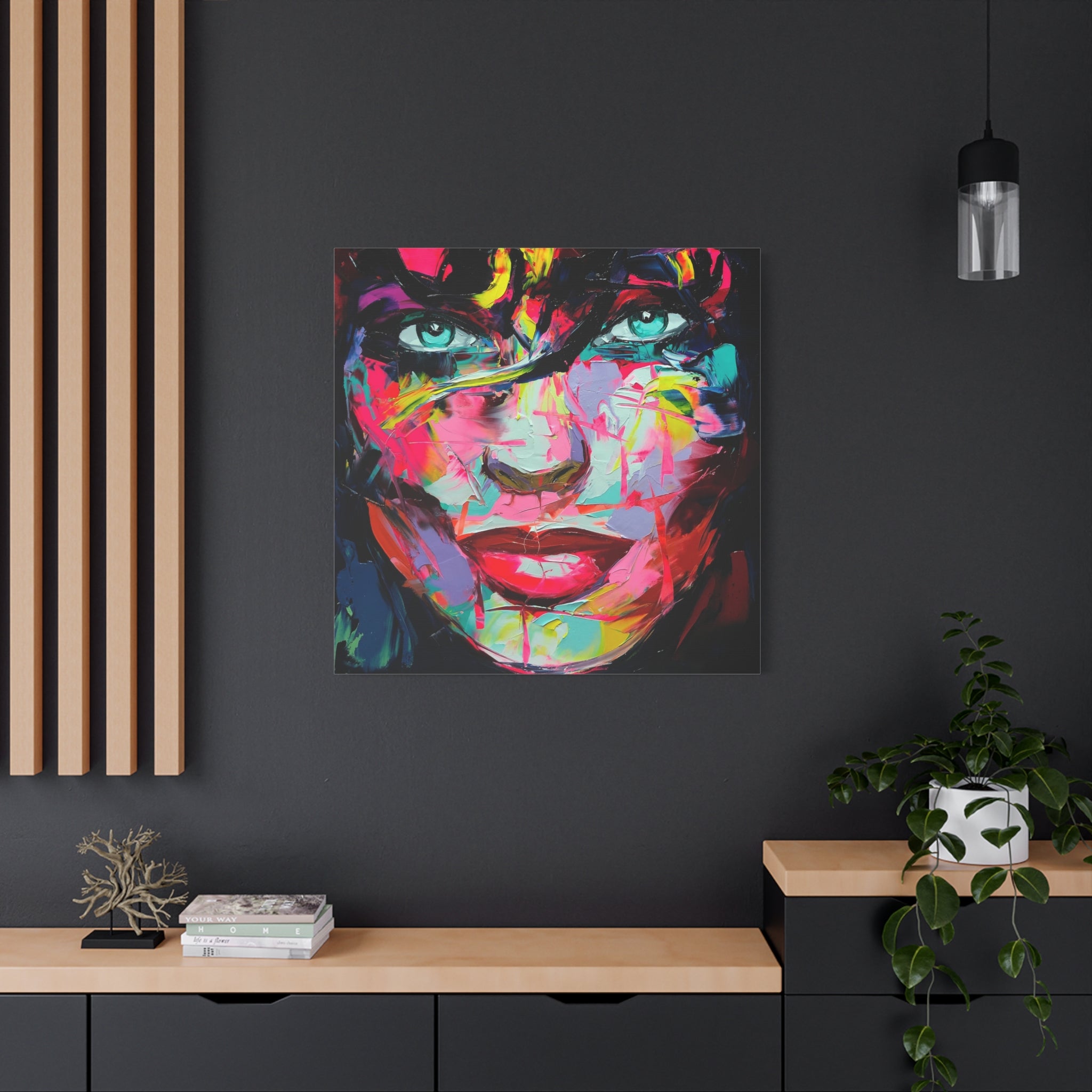 Colorful Abstract Portrait Canvas Print — Neon Female Face Matte Stretched Wall Art