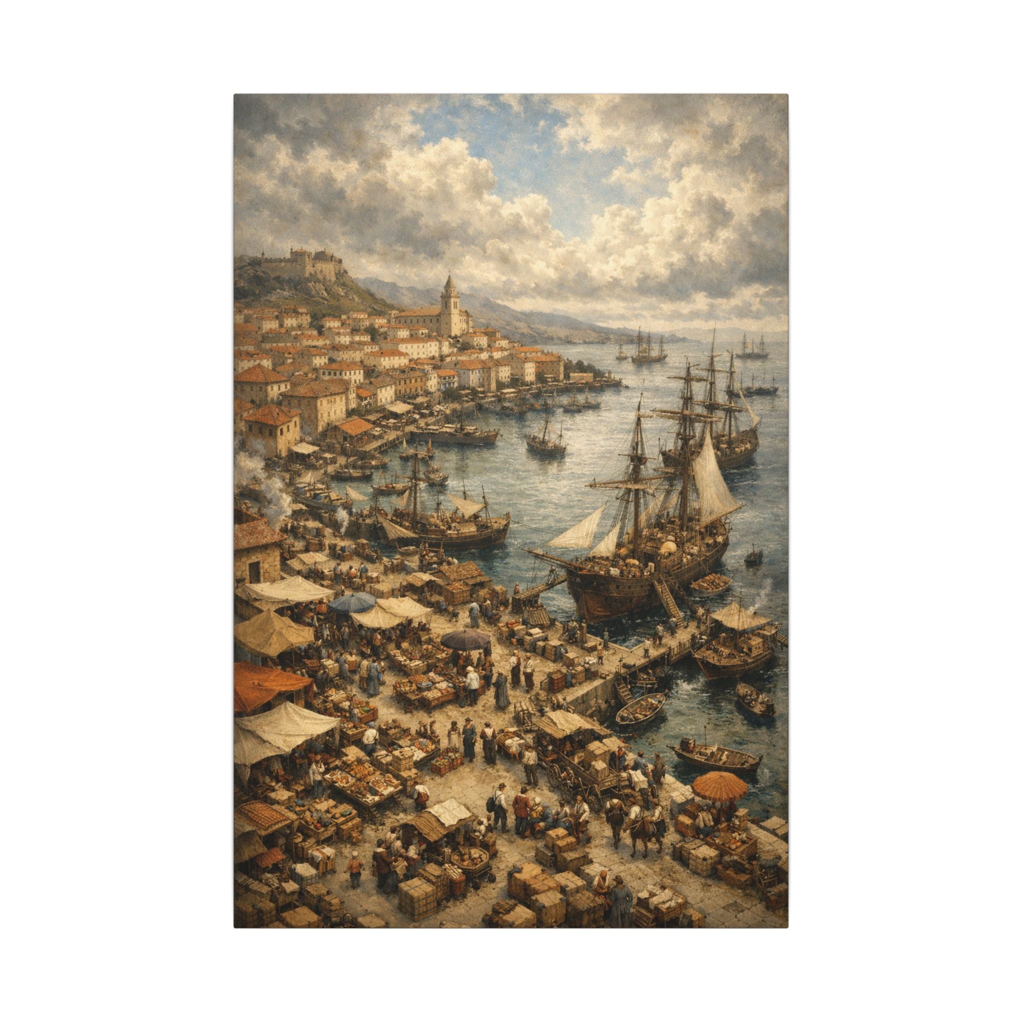 Seaside Harbor Market Matte Canvas Print — Vintage Coastal Wall Art 