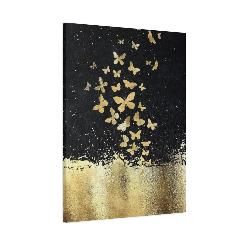 Canvas Art - Gold Butterflies on Black Abstract Matte Stretched Canvas