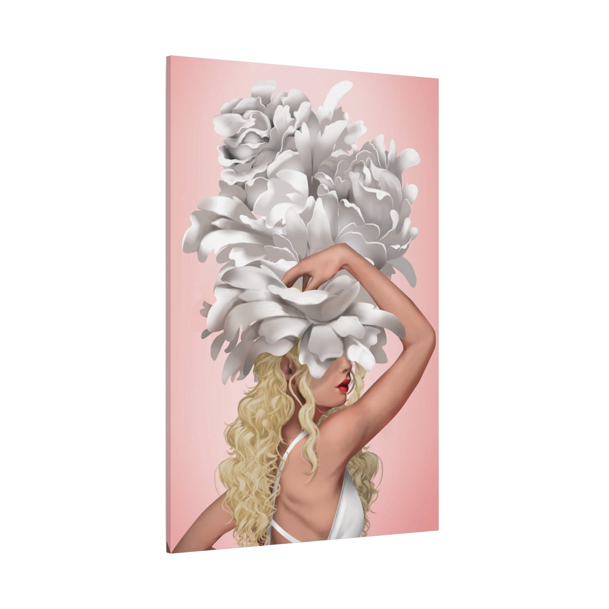 Blushing Muse Floral Canvas Print — Woman with Oversized White Peony Hat 