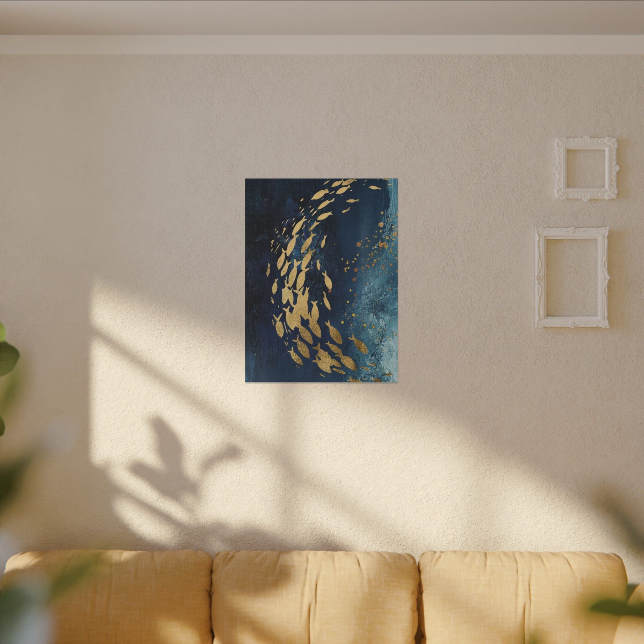 Abstract Gold Fish Canvas — Navy Ocean Wall Art (Matte Stretched)