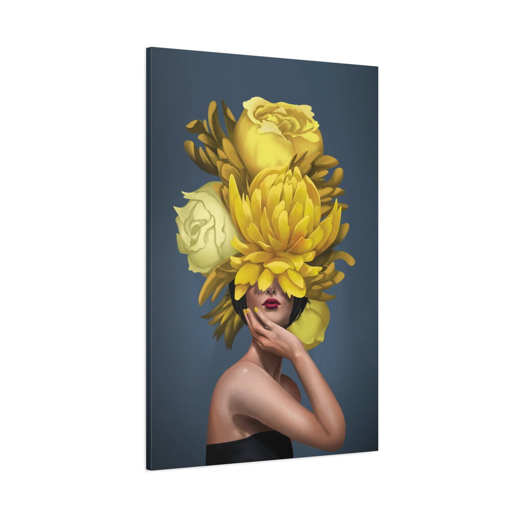 Yellow Floral Femme Canvas Wall Art — Modern Portrait with Giant Flowers 