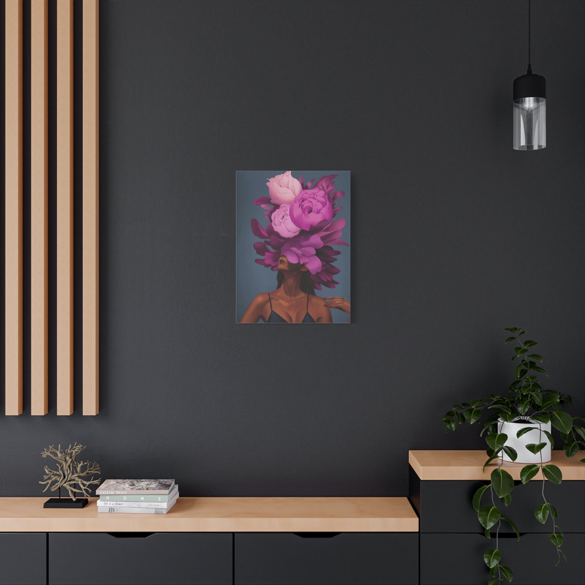 Floral Portrait Canvas Print — Woman with Oversized Pink Peony Hat (Matte Stretched) 