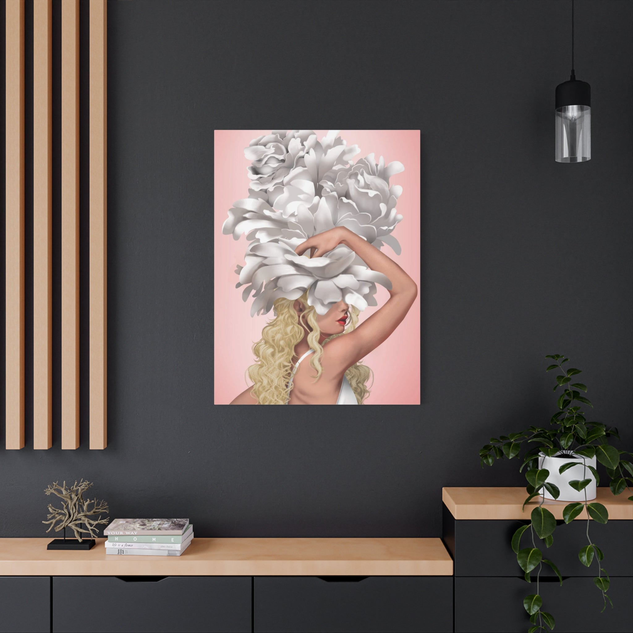 Blushing Muse Floral Canvas Print — Woman with Oversized White Peony Hat