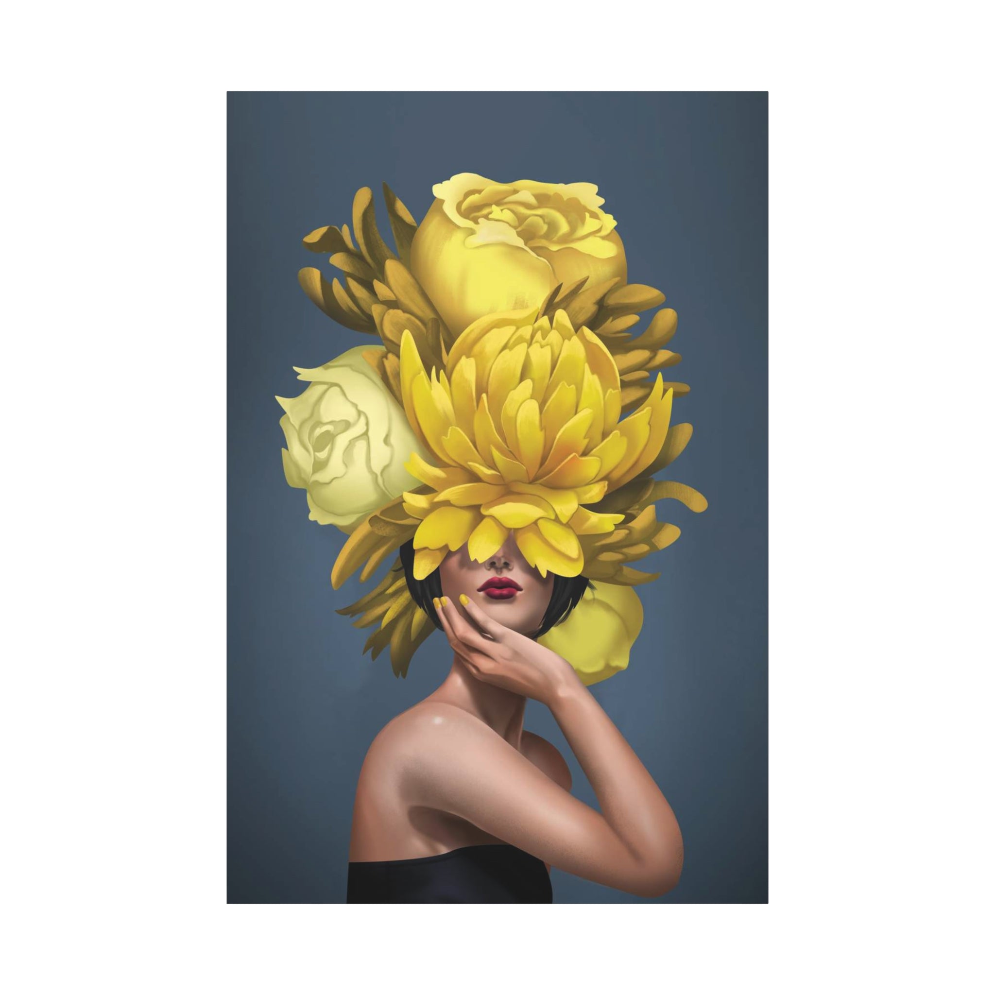 Yellow Floral Femme Canvas Wall Art — Modern Portrait with Giant Flowers
