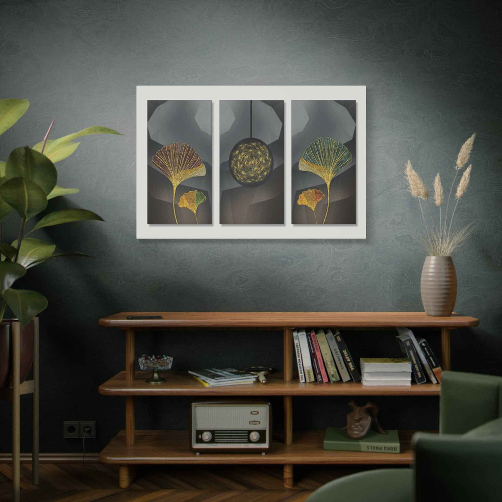 Gold Ginkgo Leaf Wall Art – Modern Botanical Triptych Canvas Decor