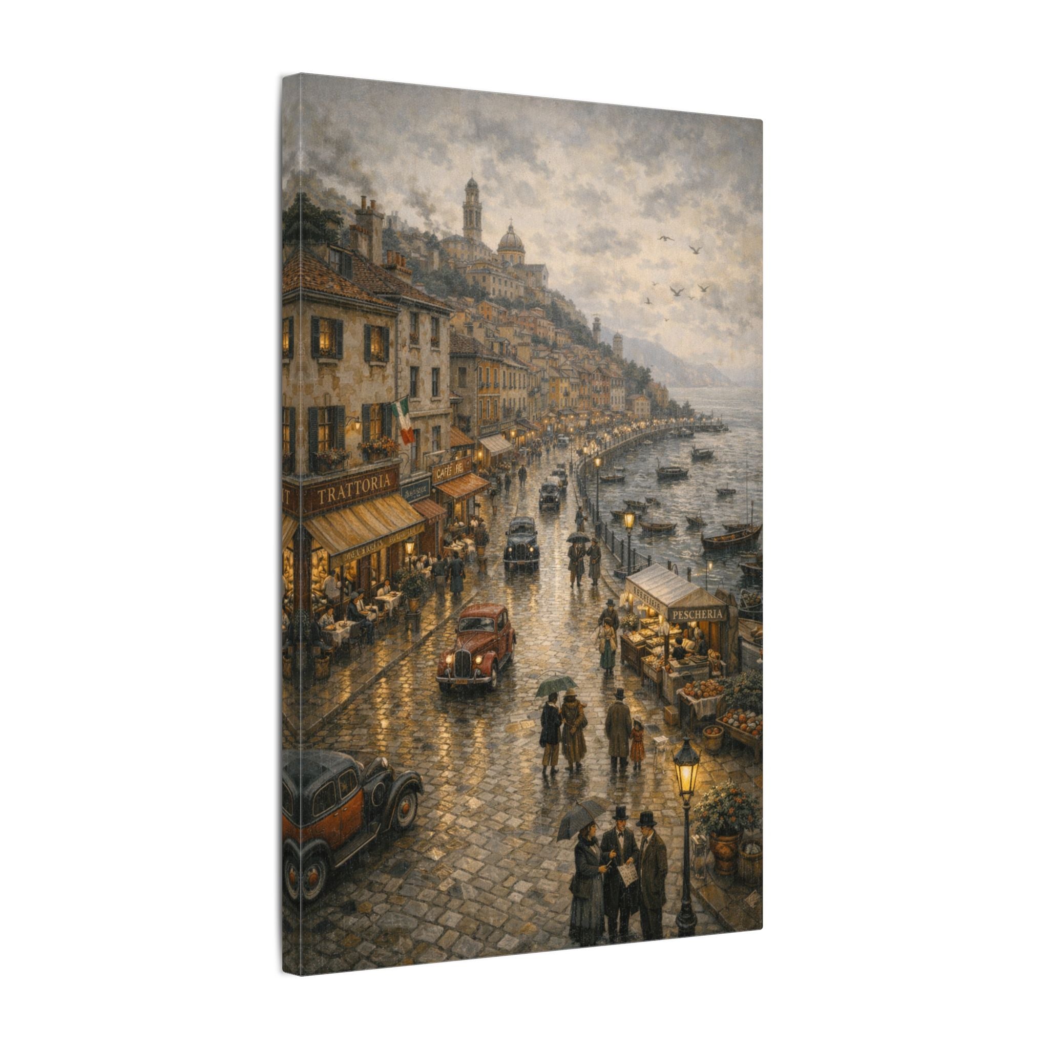 Vintage Coastal Street Matte Canvas Print — Rainy Harbor Evening Wall Art