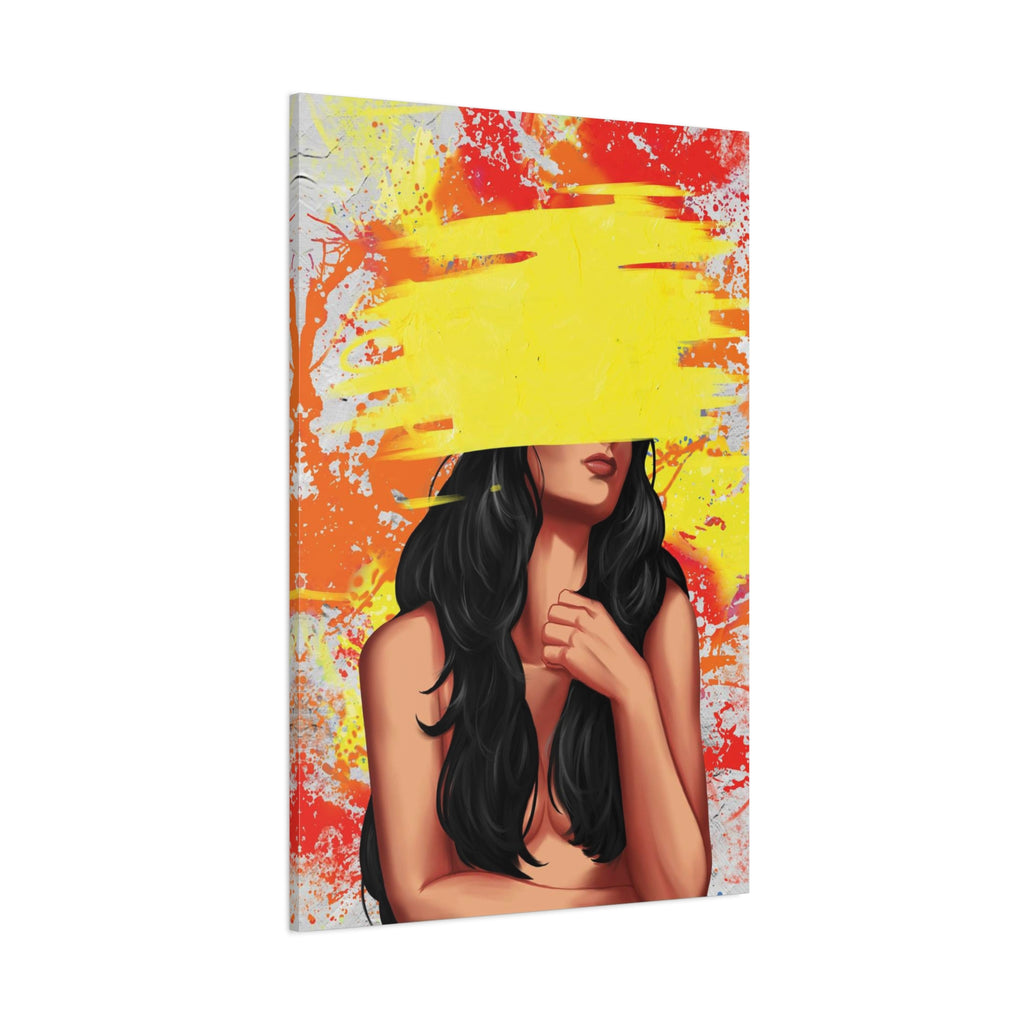 Abstract Femme Nude Canvas Art – Yellow Paint Stroke Portrait 