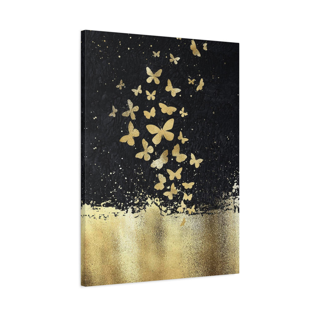 Canvas Art - Gold Butterflies on Black Abstract Matte Stretched Canvas