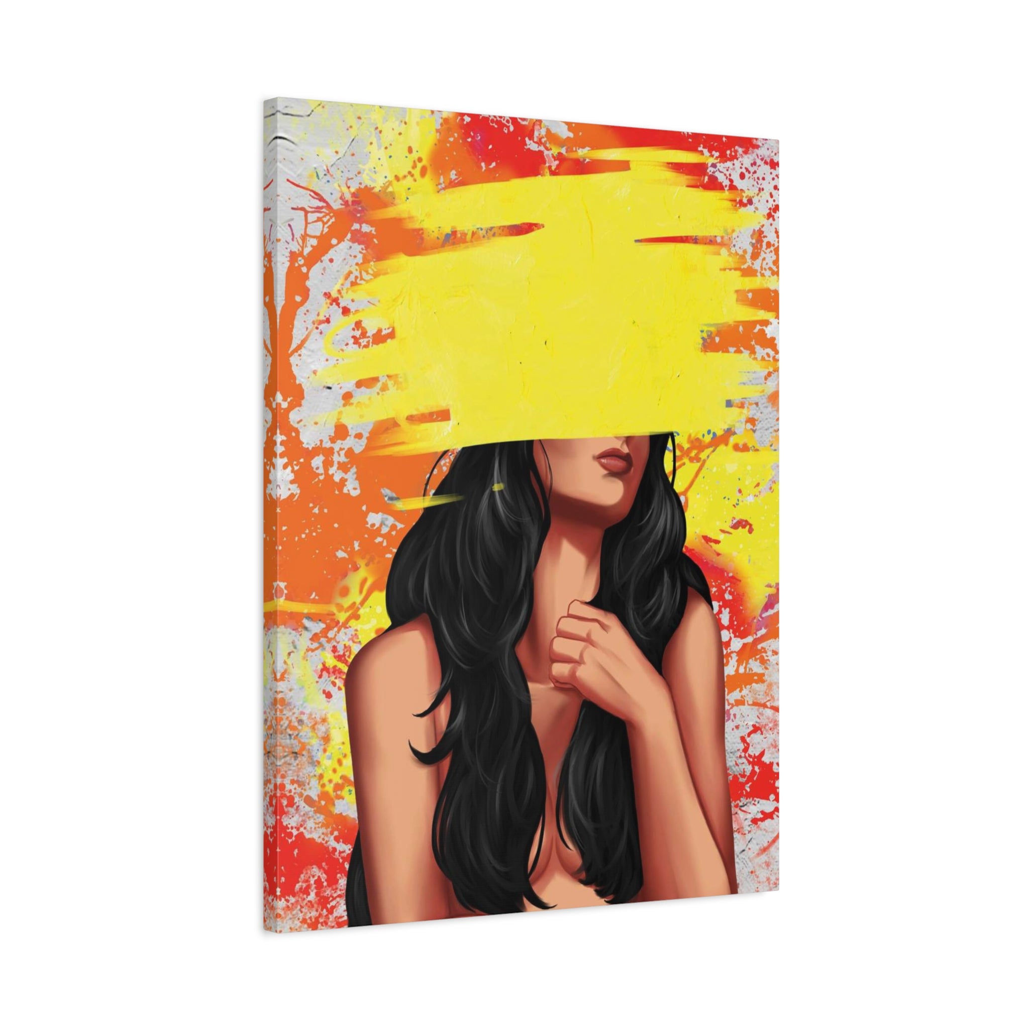 Abstract Femme Nude Canvas Art – Yellow Paint Stroke Portrait 