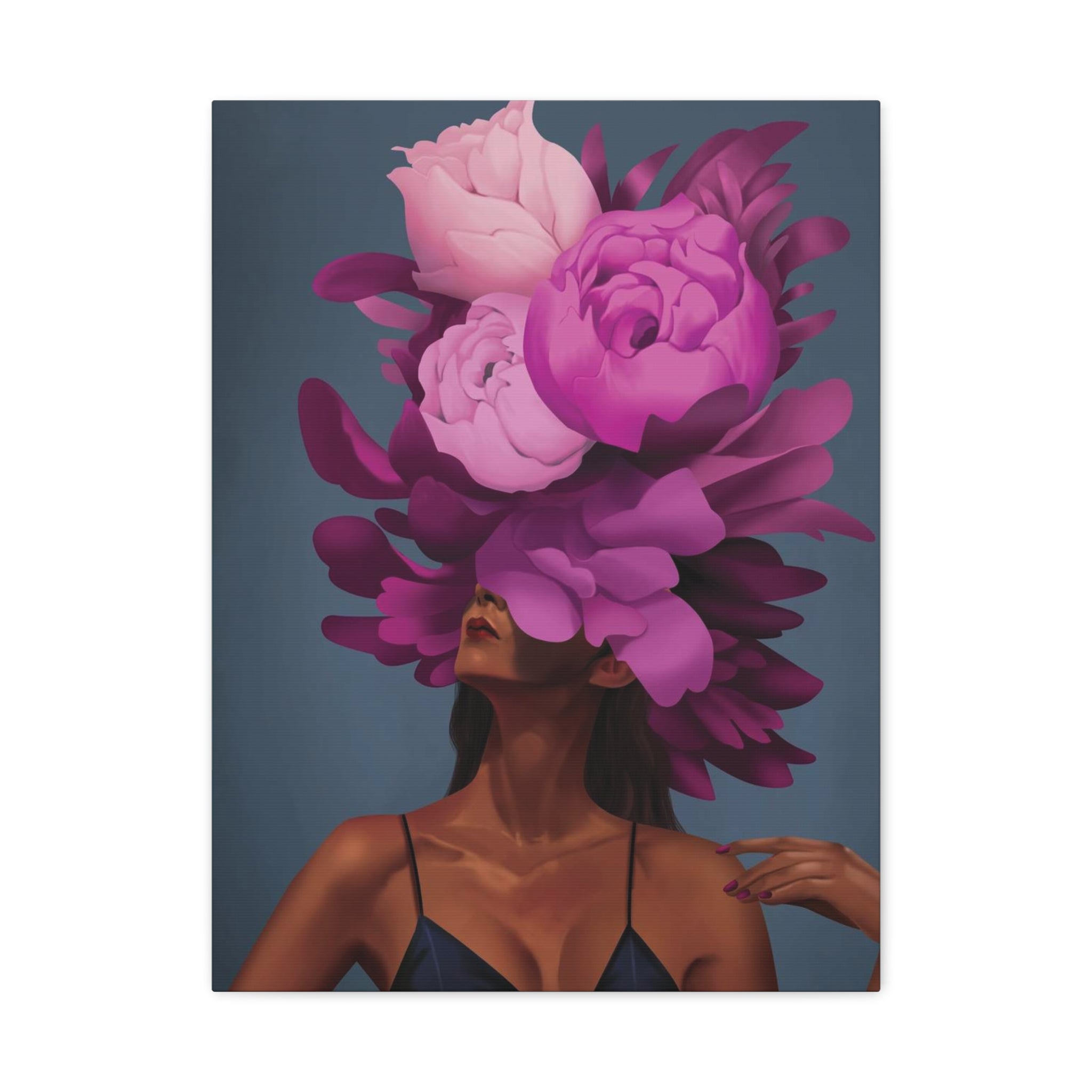 Floral Portrait Canvas Print — Woman with Oversized Pink Peony Hat (Matte Stretched) 