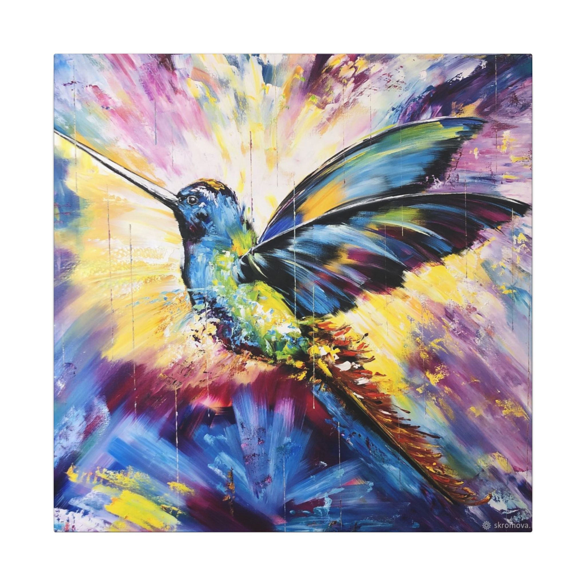 Vibrant Hummingbird Canvas Art — Colorful Abstract Bird Wall Decor (Matte Stretched) 
