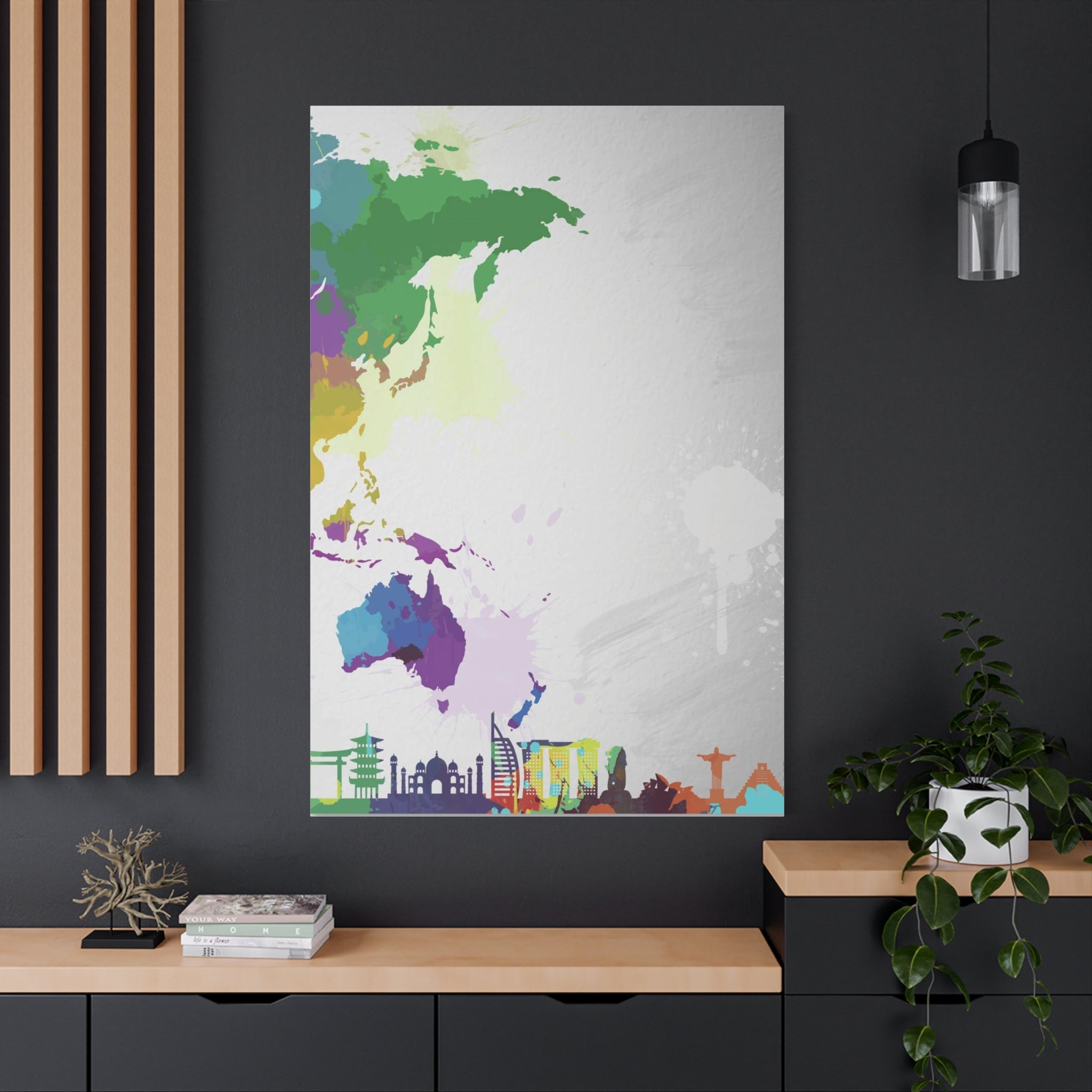 World Map Silhouette Canvas – Colorful Travel Skyline Wall Art