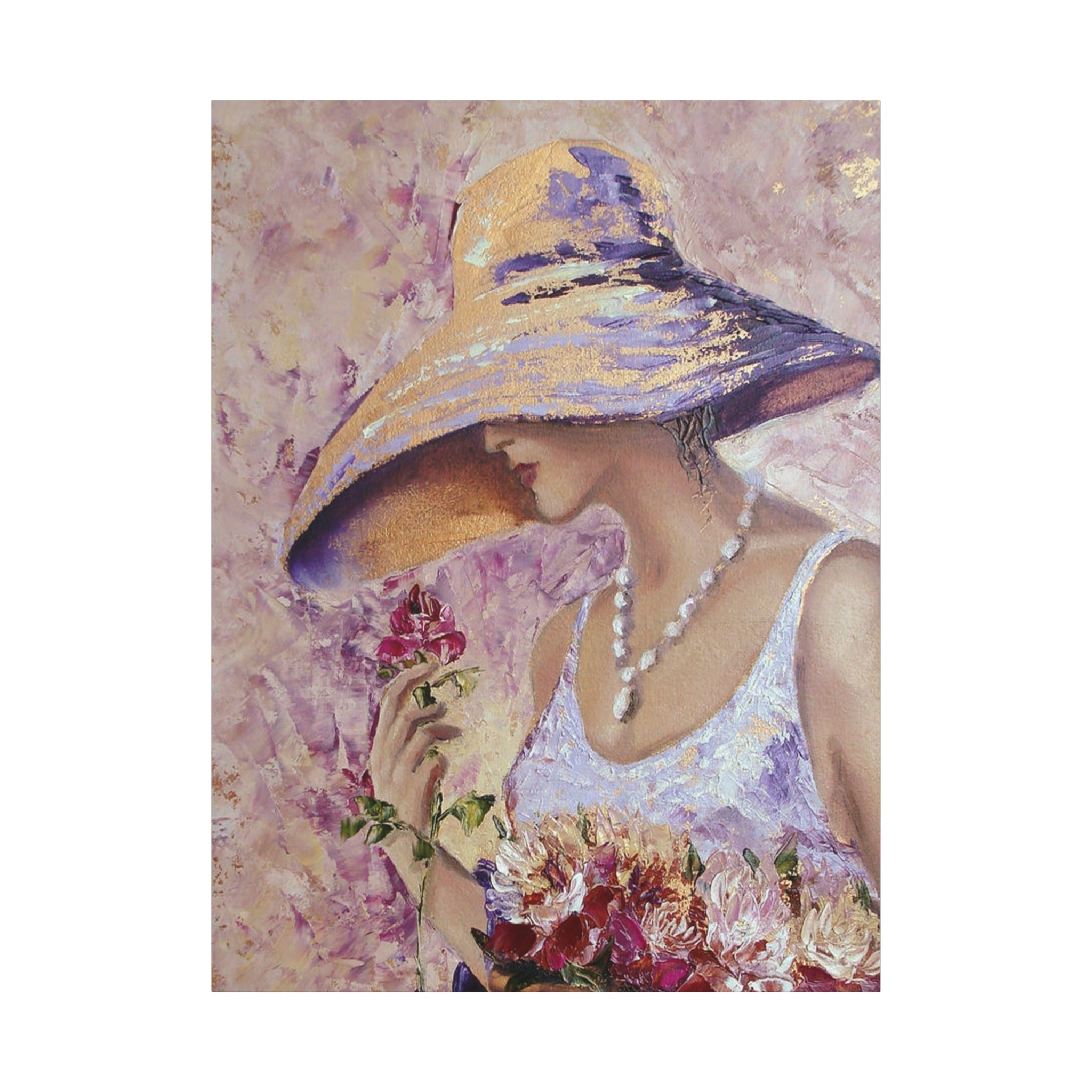 Floral Lady in Wide Brim Hat — Matte Stretched Canvas Wall Art 