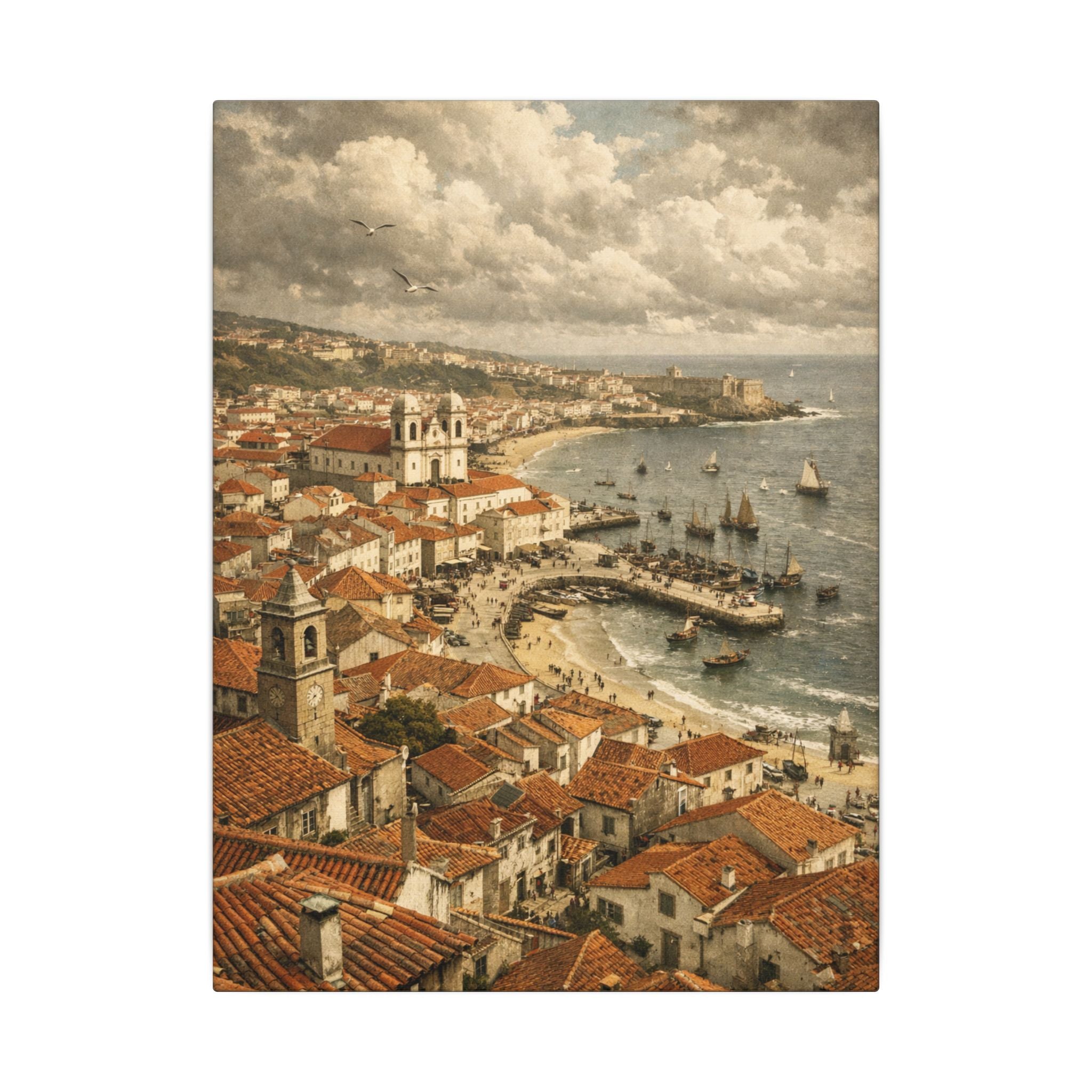 Coastal Mediterranean Canvas Print — Vintage Seaside Town Wall Art 