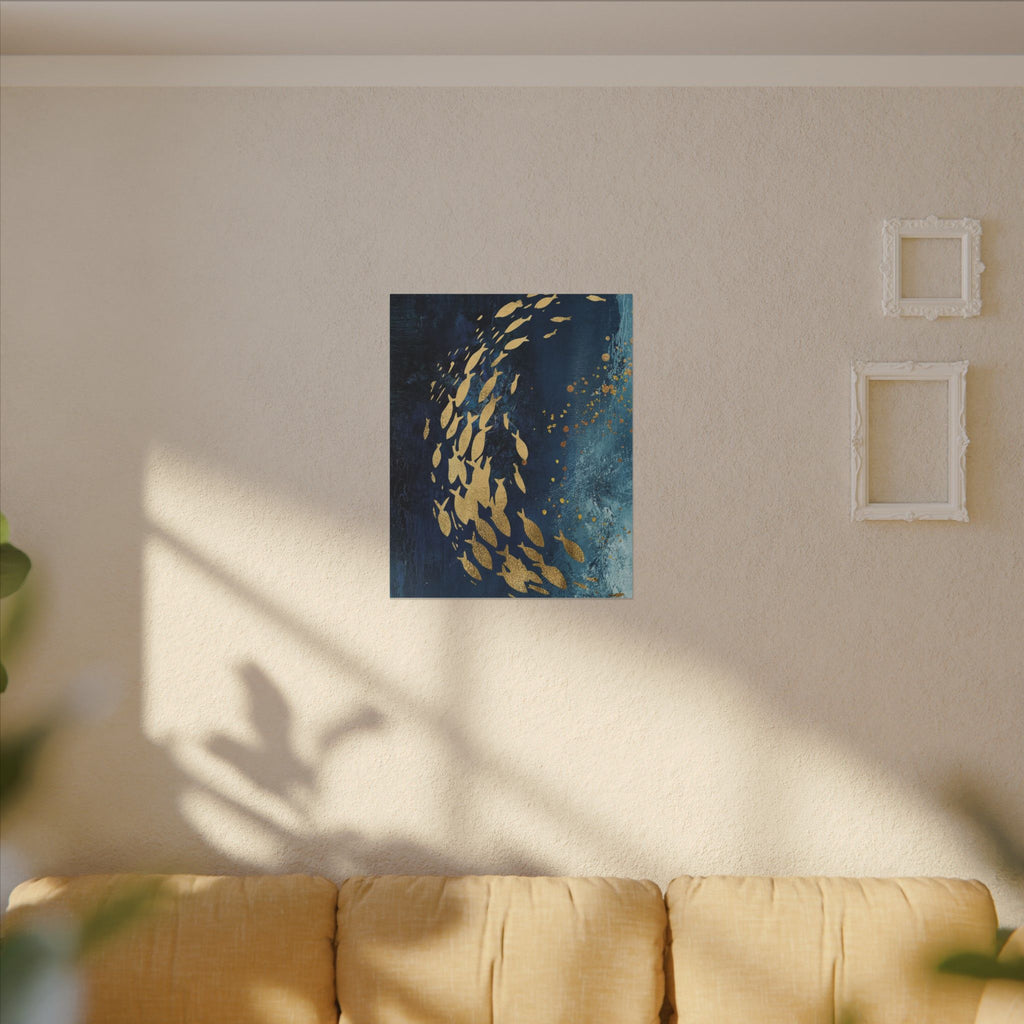 Abstract Gold Fish Canvas — Navy Ocean Wall Art (Matte Stretched)
