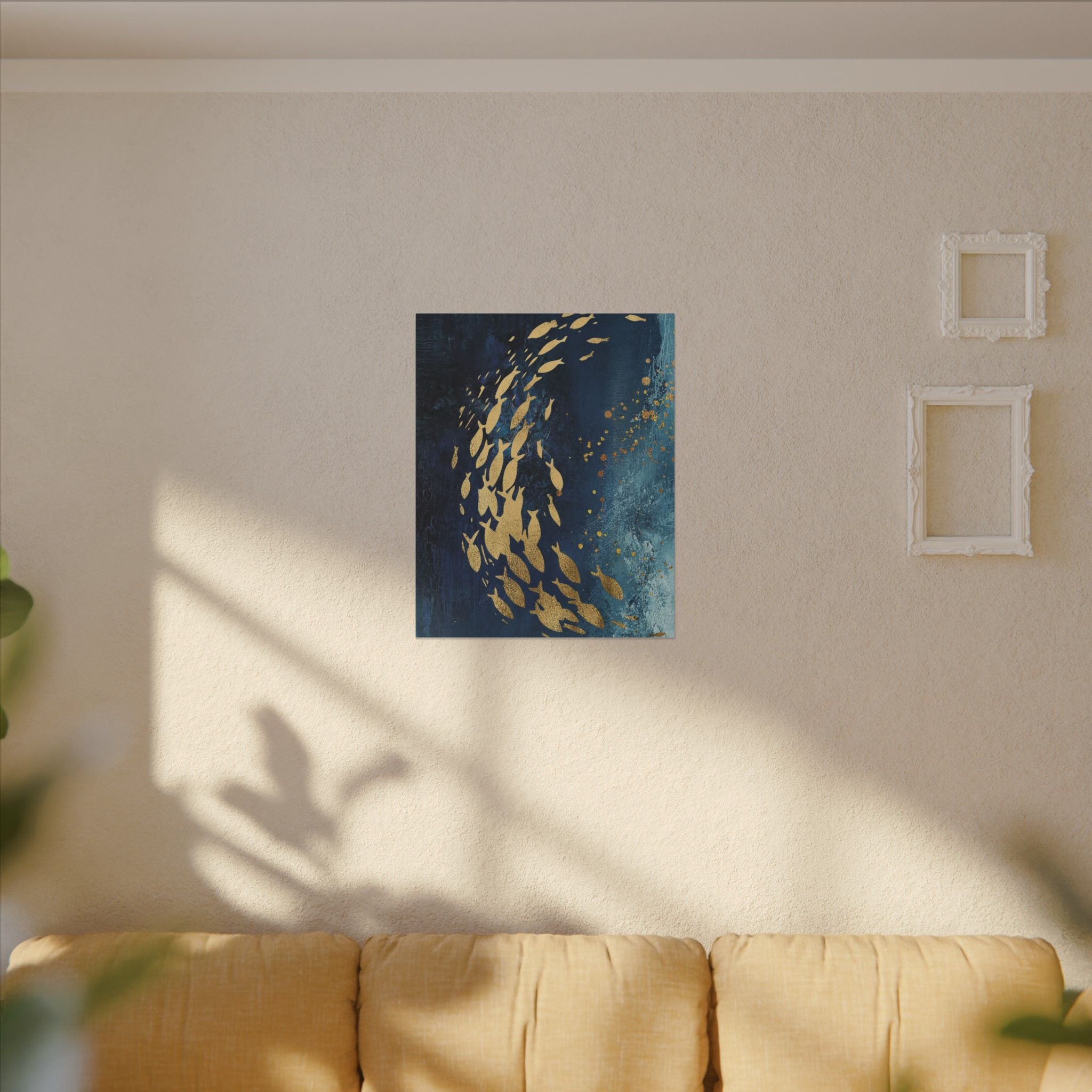 Abstract Gold Fish Canvas — Navy Ocean Wall Art (Matte Stretched)