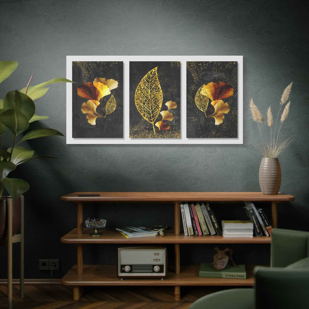 Gold Botanical Leaf Triptych Canvas Wall Art – Luxury Botanical Decor