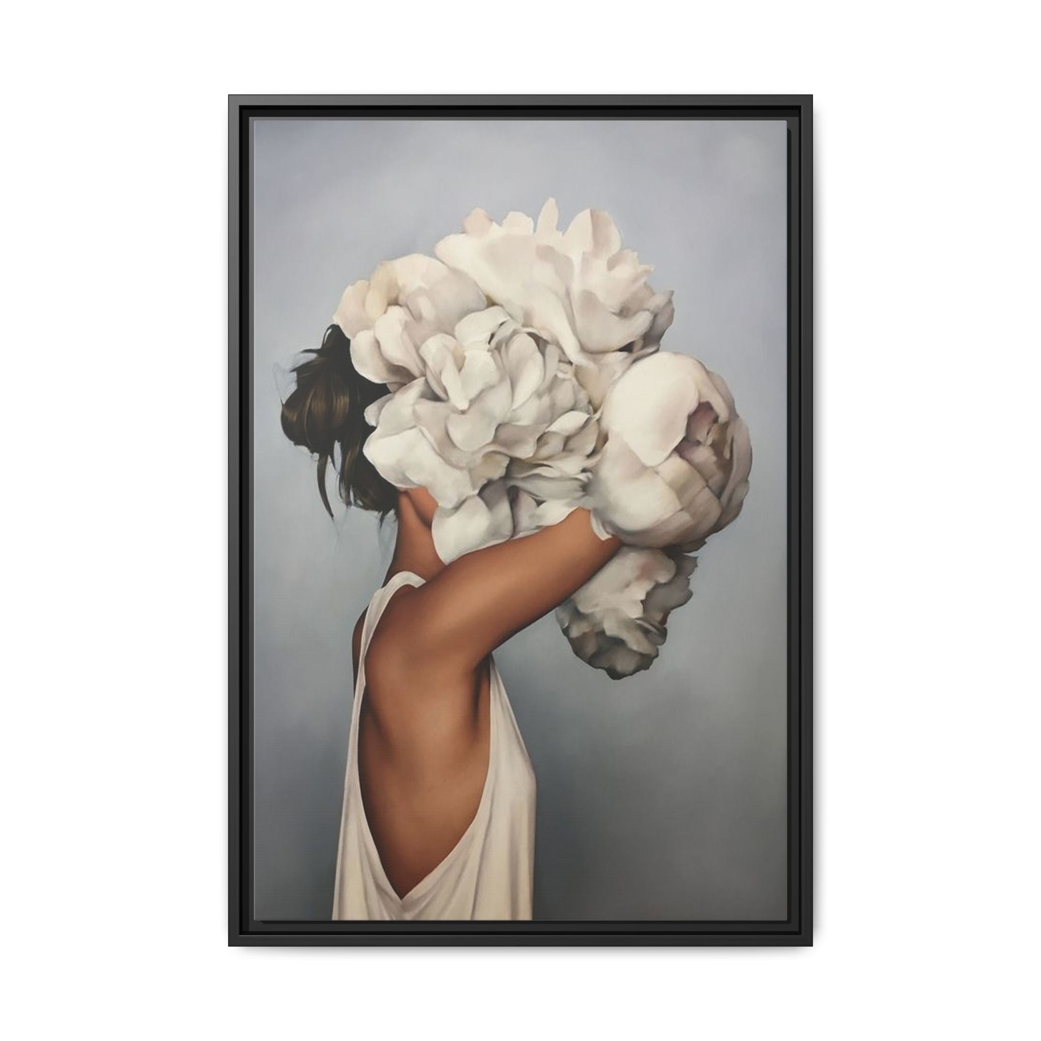 Framed Matte Canvas Art — Woman with Oversized White Peonies (Neutral Floral Wall Decor) 