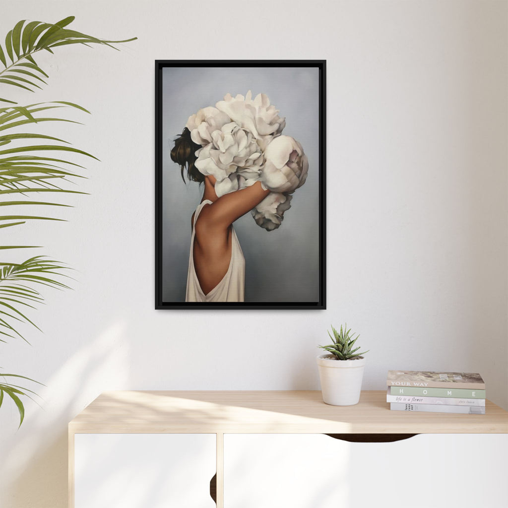 Framed Matte Canvas Art — Woman with Oversized White Peonies (Neutral Floral Wall Decor)