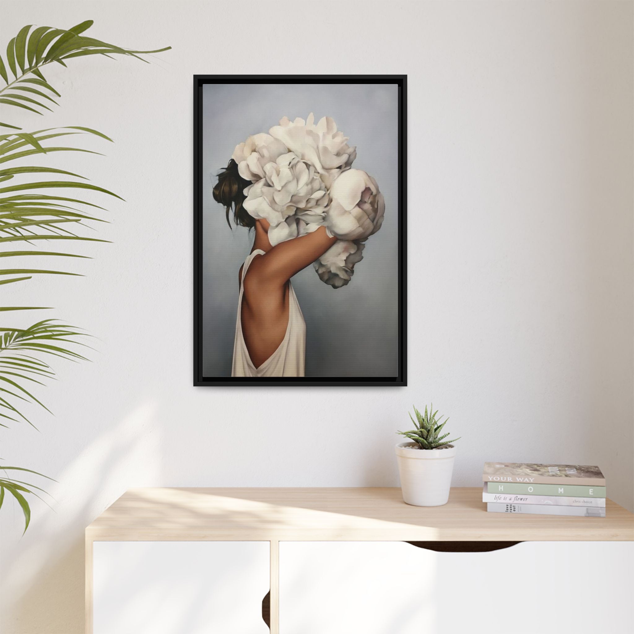 Framed Matte Canvas Art — Woman with Oversized White Peonies (Neutral Floral Wall Decor) 