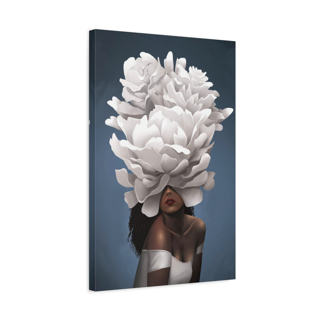 Floral Veil Canvas Wall Art — Elegant Woman with Oversized White Peony 