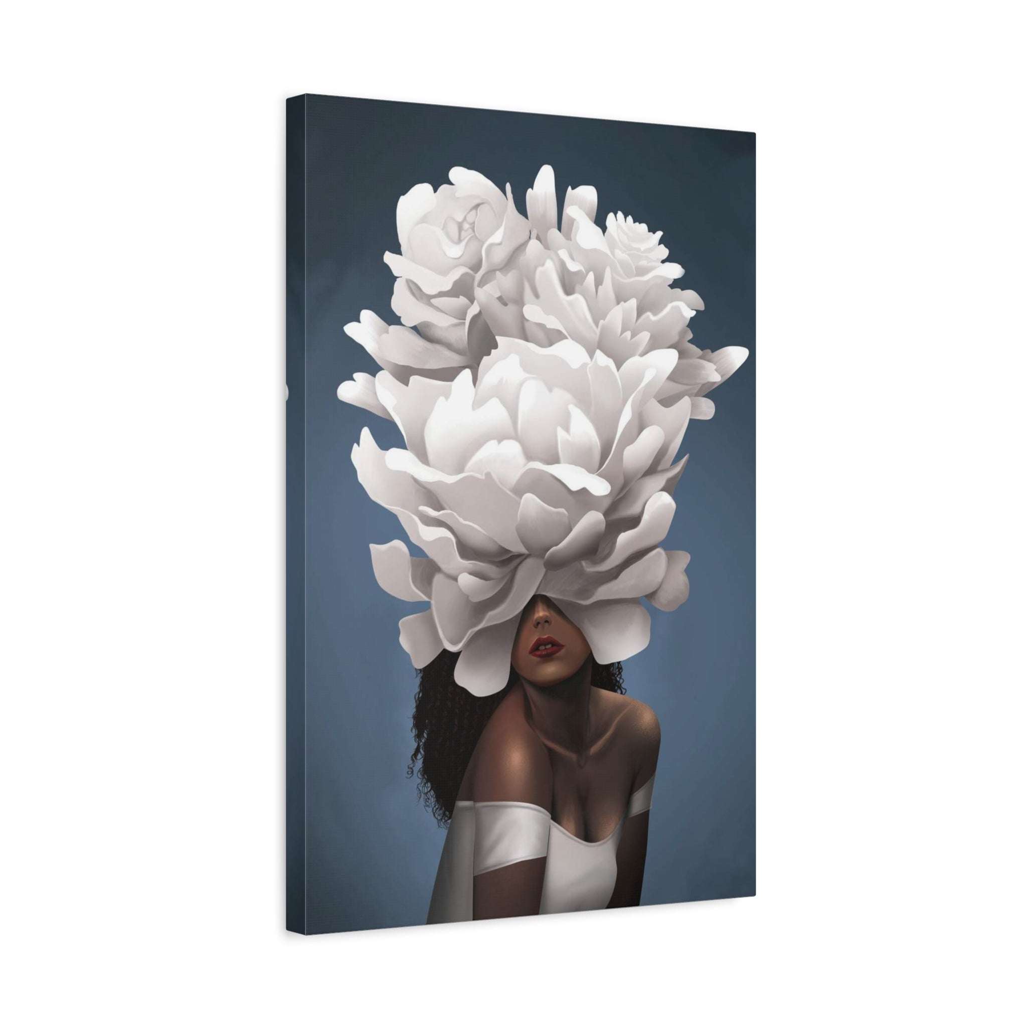 Floral Veil Canvas Wall Art — Elegant Woman with Oversized White Peony 