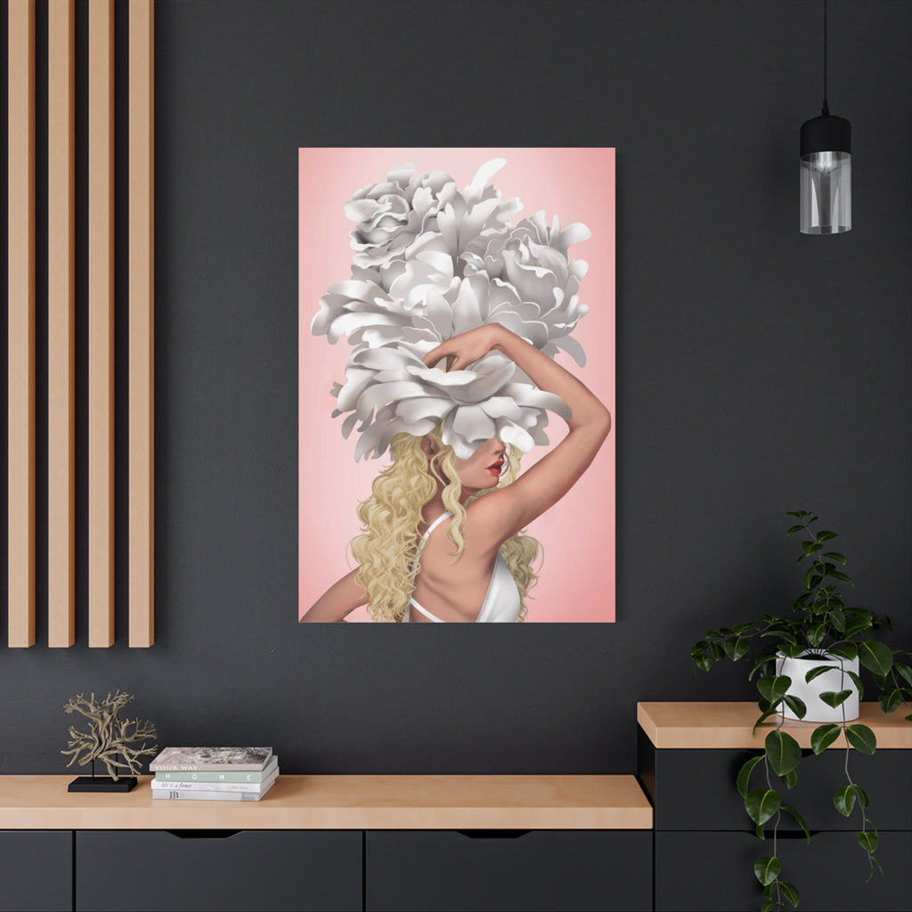 Blushing Muse Floral Canvas Print — Woman with Oversized White Peony Hat
