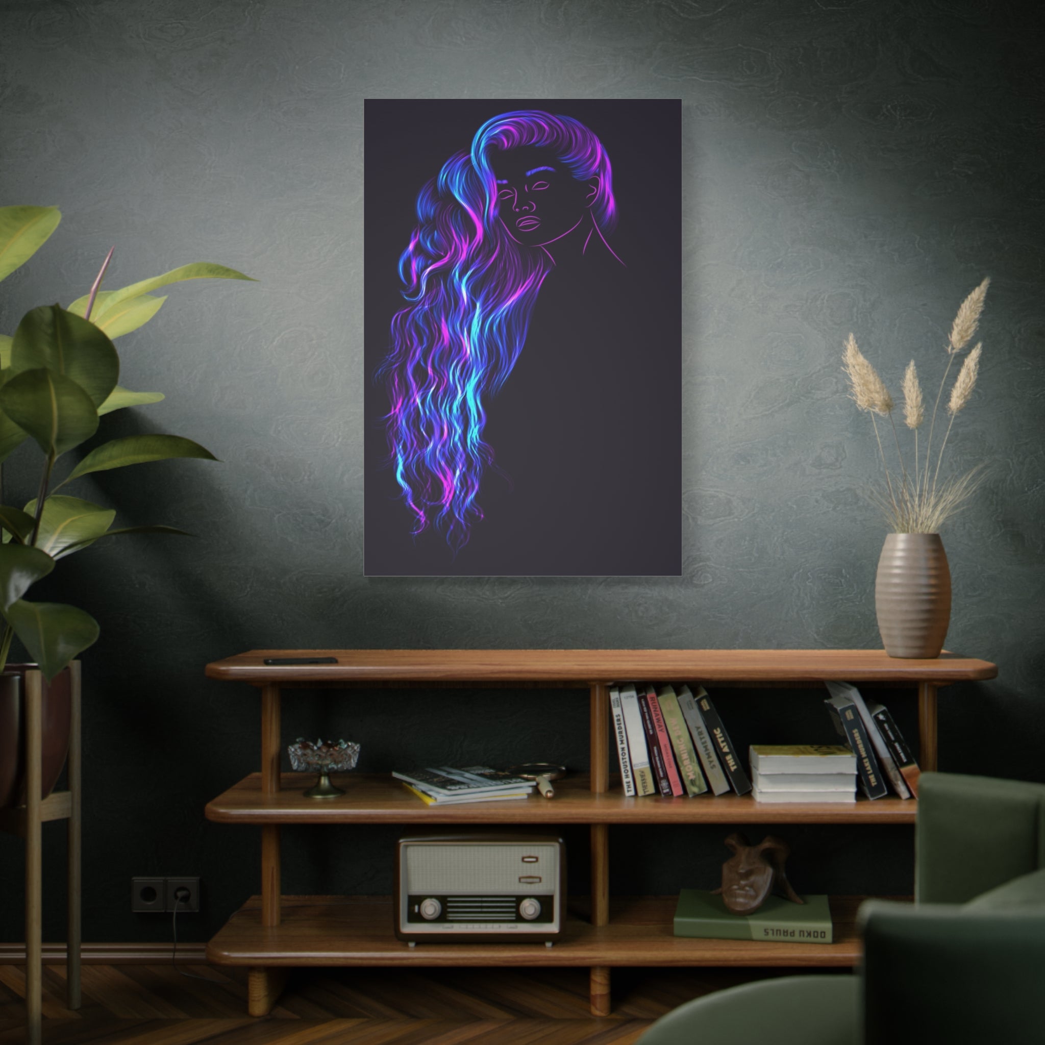 Neon Hair Portrait Canvas – Vibrant Purple & Blue Wall Art