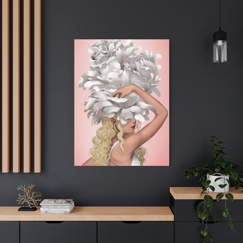 Blushing Muse Floral Canvas Print — Woman with Oversized White Peony Hat